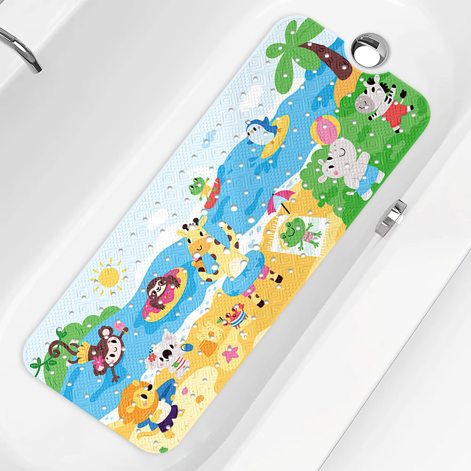 PRATIQUE Kids Bath Mat for Tub Non Slip，40 X 16 Inch Extra Long Kids Bathtub Mat Seaside Zoo Bathtub Shower Mat Safety Anti Slip with Suction Cups and Drain Holes, Machine Washable