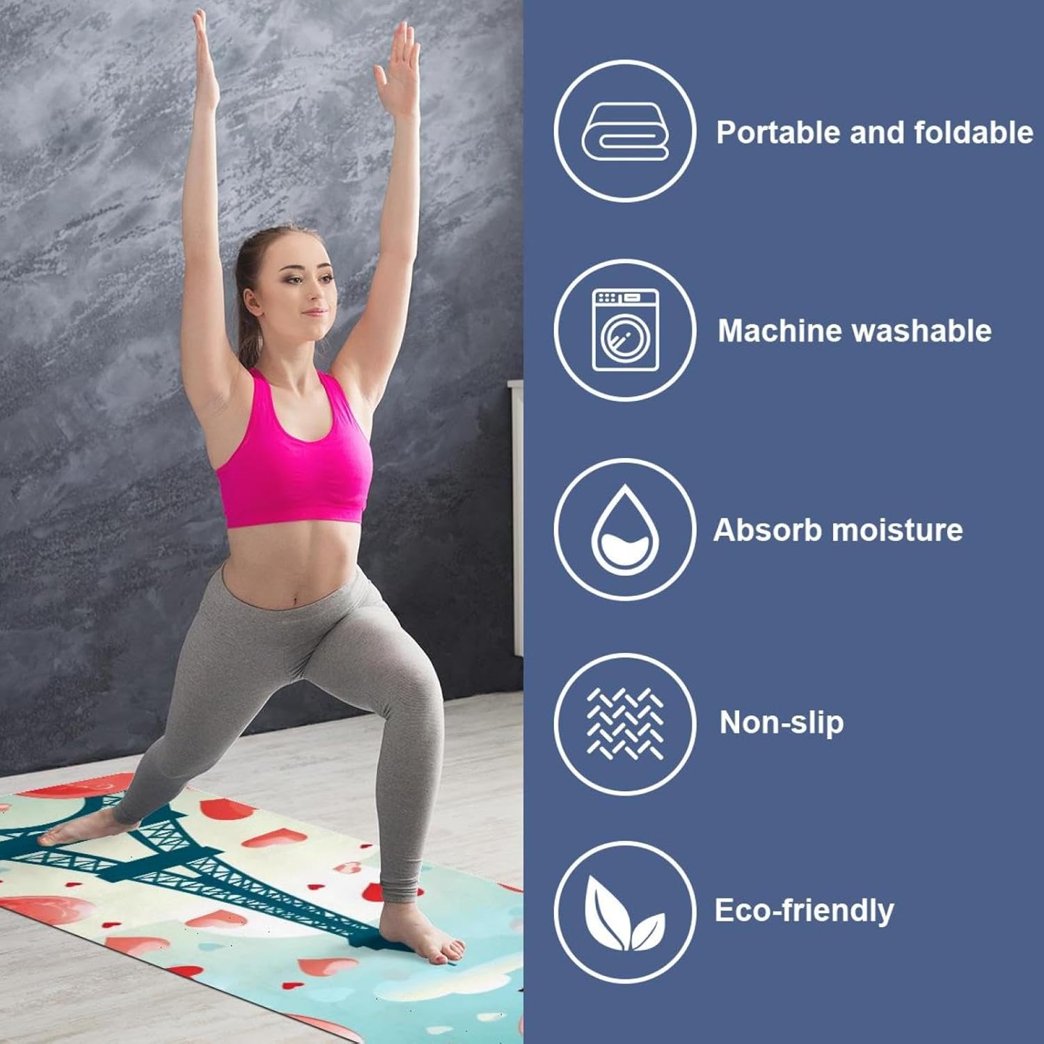 Yoga Towel, Eiffel Tower Valentine's Day Pattern Non Slip Sweat Absorbent Hot Yoga Mat Towel for Hot Yoga, Pilates and Fitness - 72.8" x 26.8"