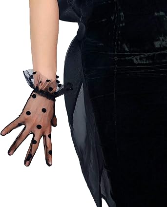 DooWay Lace Short Sheer Gloves Touchscreen Ruffled Trim Tulle Mesh for Women Wedding Pary