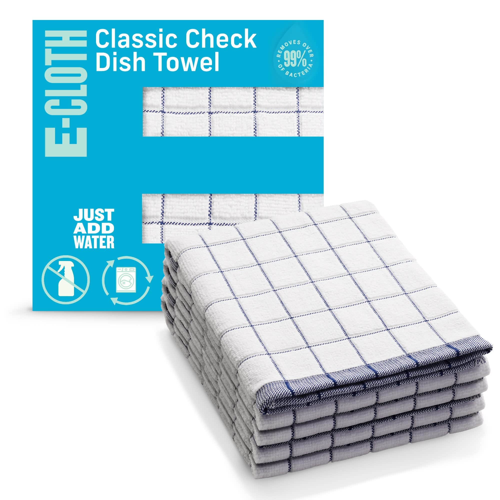 Classic Check Tea Microfibre Dish Towel, Streak-Free and Absorbent Dish Drying Kitchen Towels, Washable and Reusable, 100 Wash Promise, Blue, 4 Pack