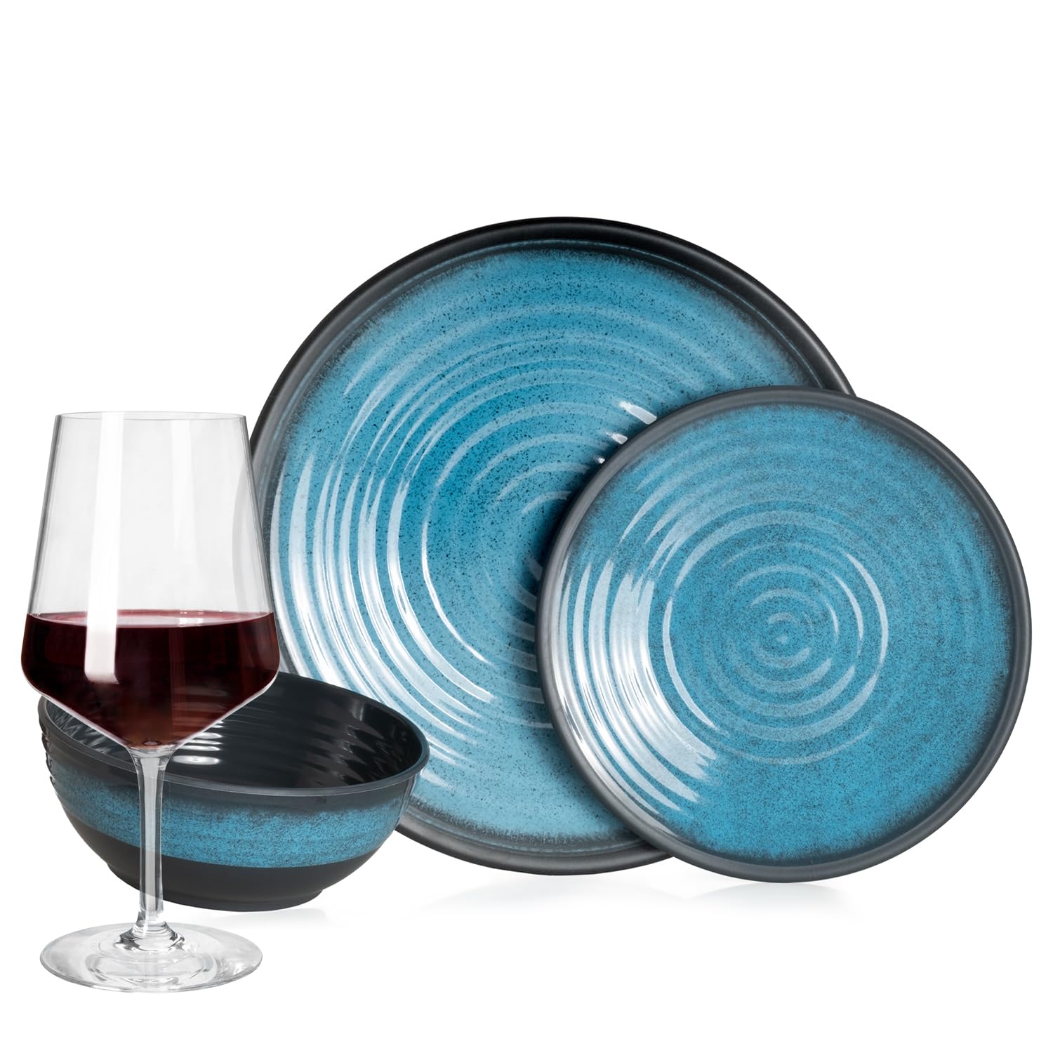 Vajilla de melamina para camping, 4 personas, color azul piedra + 4 copas de vino tinto Milano, copas de vino rojo, vajilla de pícnic, barbacoa