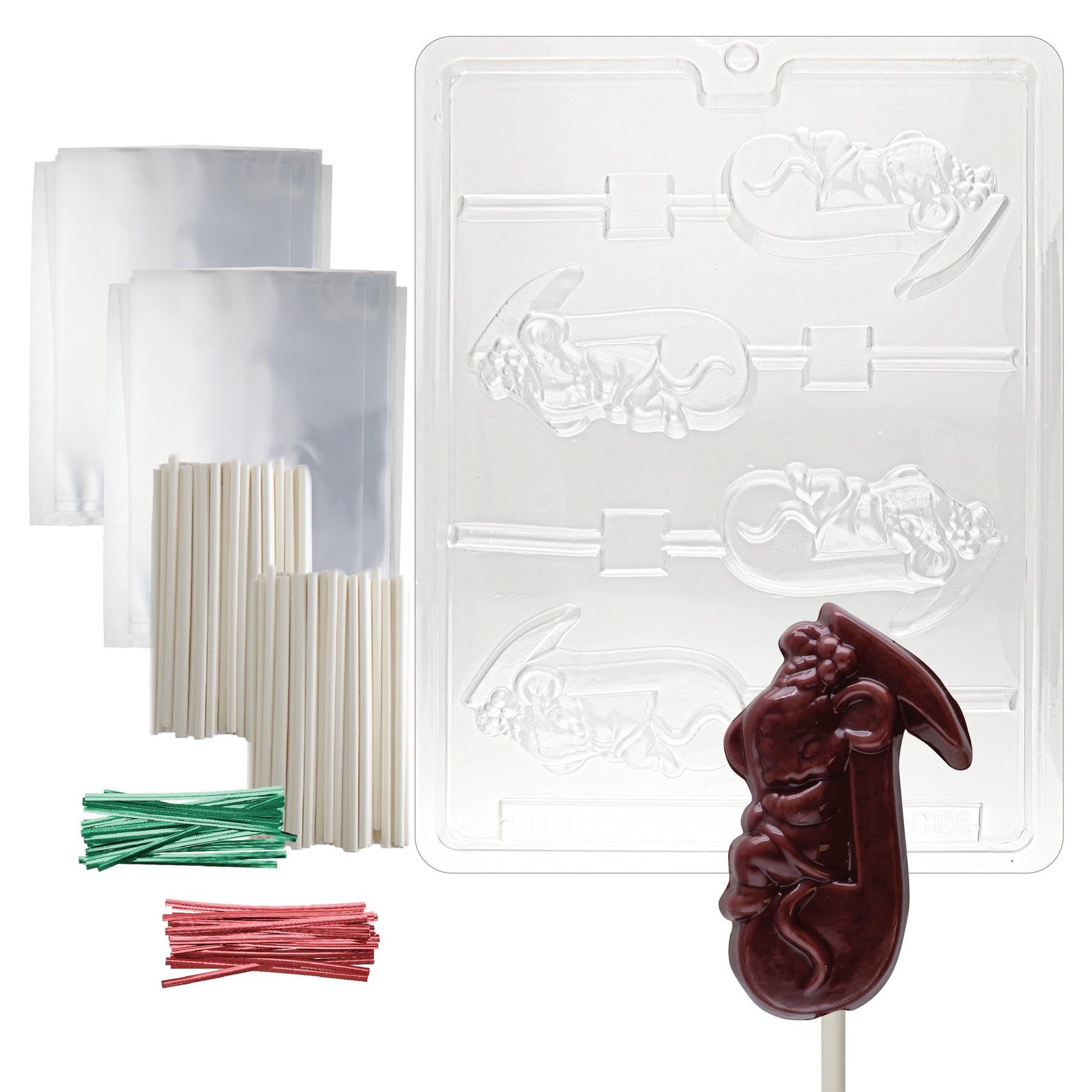 Cybrtrayd Musical Mouse Lolly Christmas Chocolate Mold with Lollipop Kit and Molding Instructions, Includes 50 Lollipop Sticks, 50 Cello Bags, 25 Red and 25 Green Twist Ties