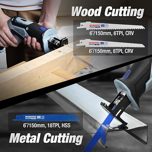 Miniatura 4 de WORKPRO Sierra recíproca inalámbrica de 12 V con mordaza de sujeción, batería de iones de litio de 2.0 Ah con cargador rápido de 1 hora, velocidad