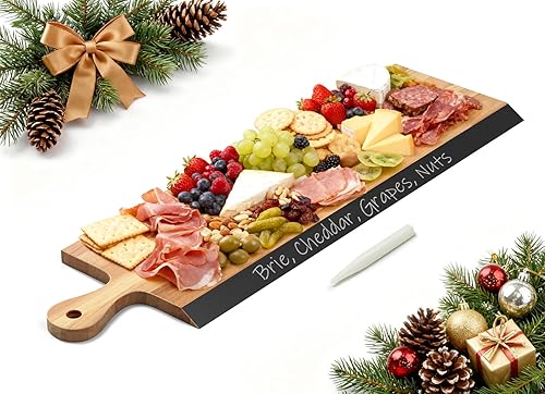 Tabla de embutidos de acacia de 32 pulgadas con asa, plato extra largo con borde de pizarra para queso, carne y aperitivos, tabla de cocina grande