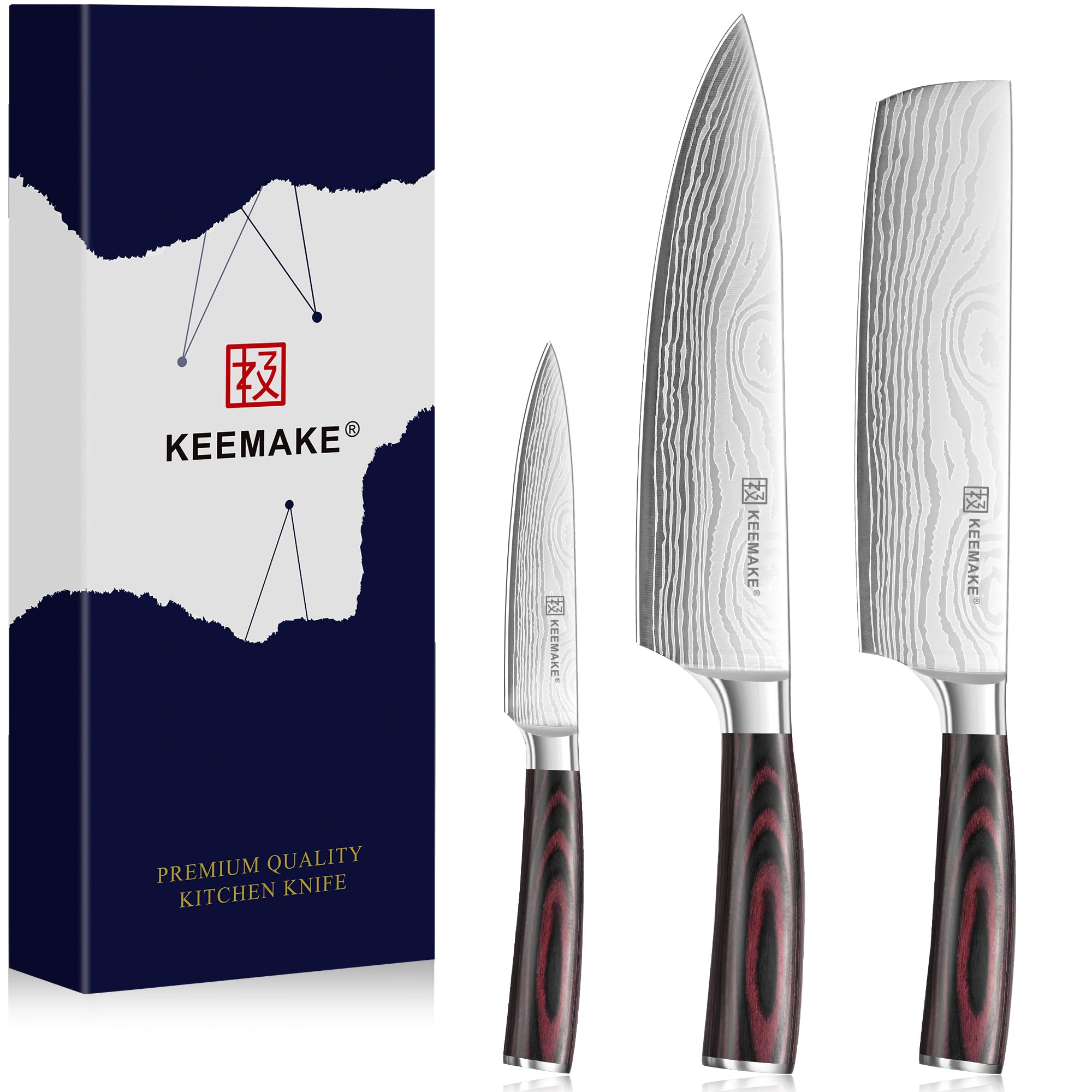 KEEMAKE Kitchen Knife Sets 3 Pieces Professional Chef Knife Set with High Carbon Stainless Steel Ultra Sharp Blade
