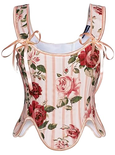 Scarlet Darkness Bustier Tops for Women Renaissance Floral Lace Up Bodyshaper Corset with Zipper - 6 - Rose Line Art