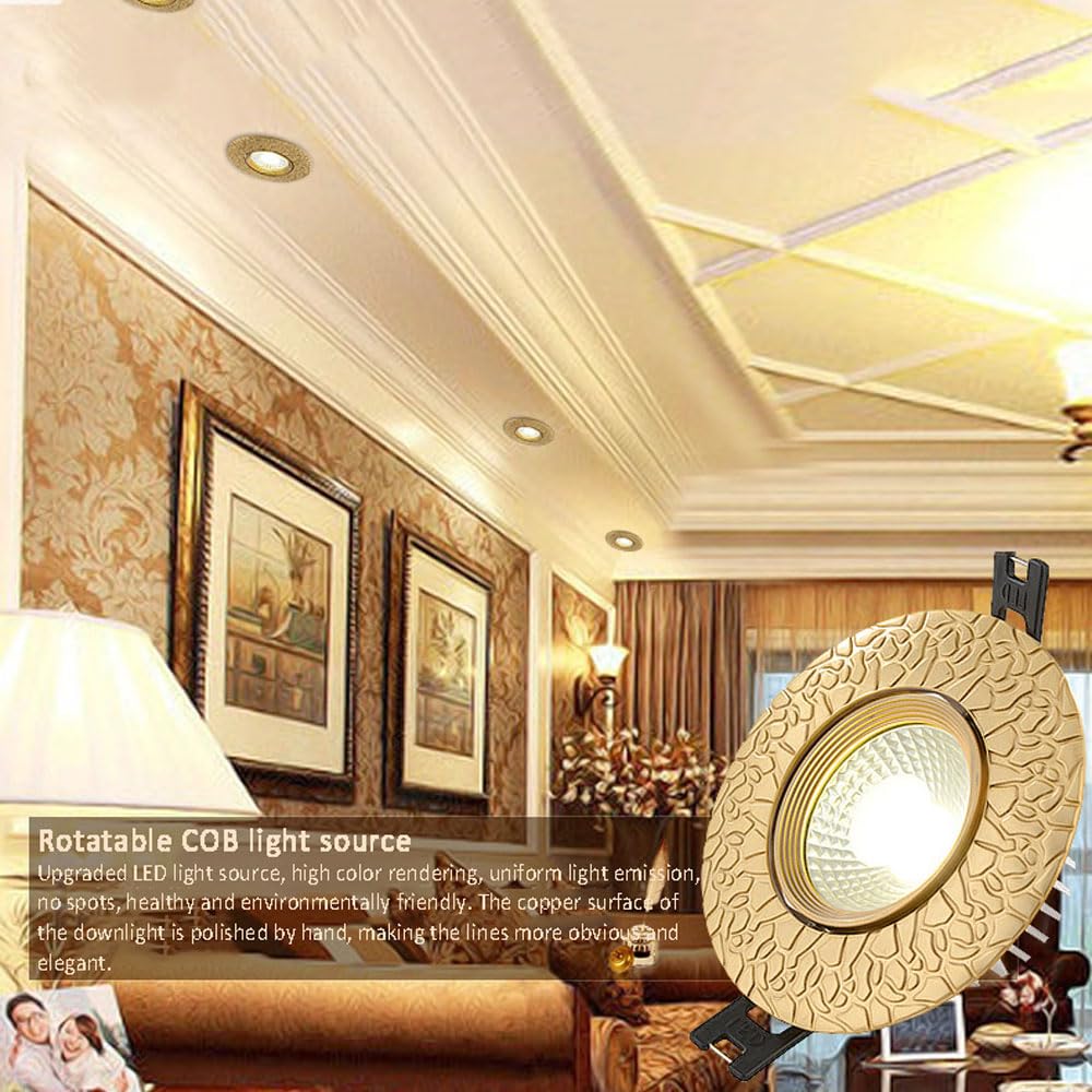 WLBHWL 3W,5W,7W,9W Chinese Brass LED Recessed Lights 3-Pack Round Downlight LED Can Lights Brushed Brass Finish,3000K CRI85 for Living Room Corridor