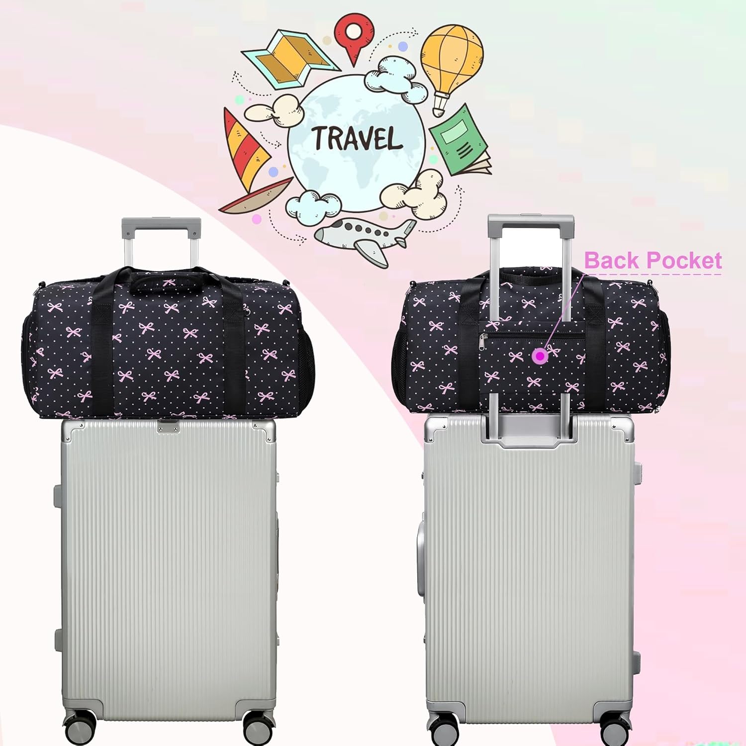Jumpopack Dance Bag for Girls Ballet Duffle Bag Girls Overnight Sleepover Bags Sports Gym Bags with Shoe Compartment and Wet Pocket,Black Bow Print