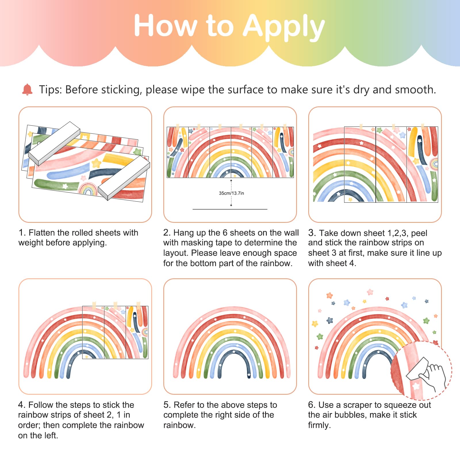 Tanlaby 77"x52" Large Rainbow Wall Stickers Watercolor Stars Wall Decals Peel and Stick Colorful Art Decor for Baby Nursery Girls Bedroom Kids Playroom Daycare Classroom XXL 195 x 132 cm - Image 4