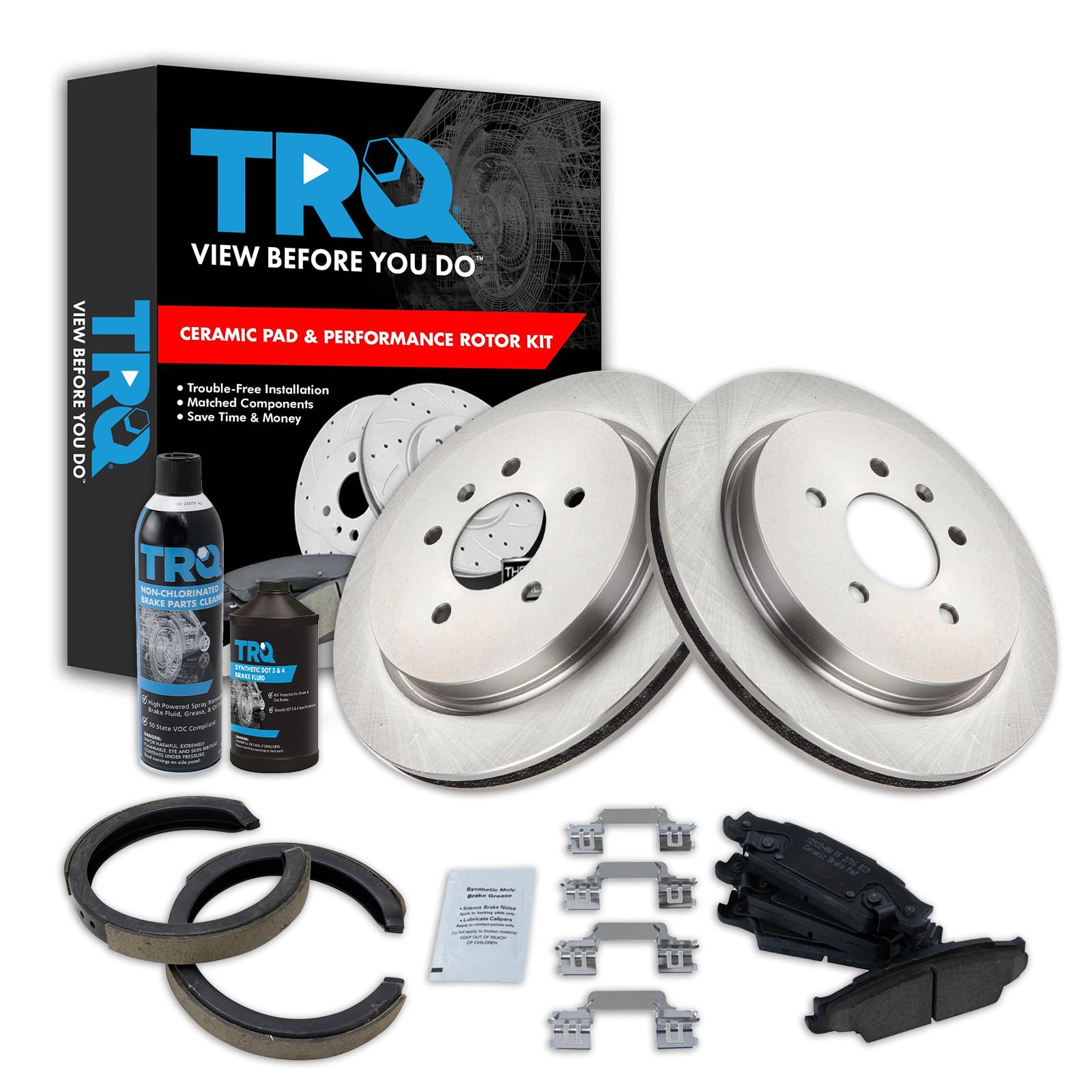 TRQ Rear Brake Pad &amp; Rotor Kit, with Chemical Kit Parking Brake Shoe Set Ceramic Compatible with 2005-2010 Cadillac STS