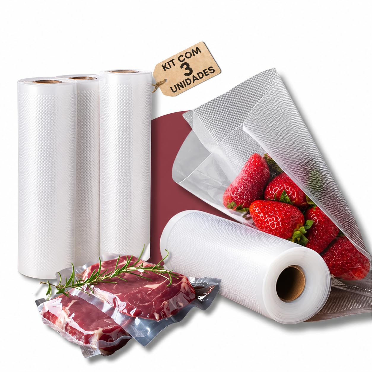 Kit com 3 rolos bobina de saco para seladora a vácuo 25CM x 5 Metros. Alta resistência,