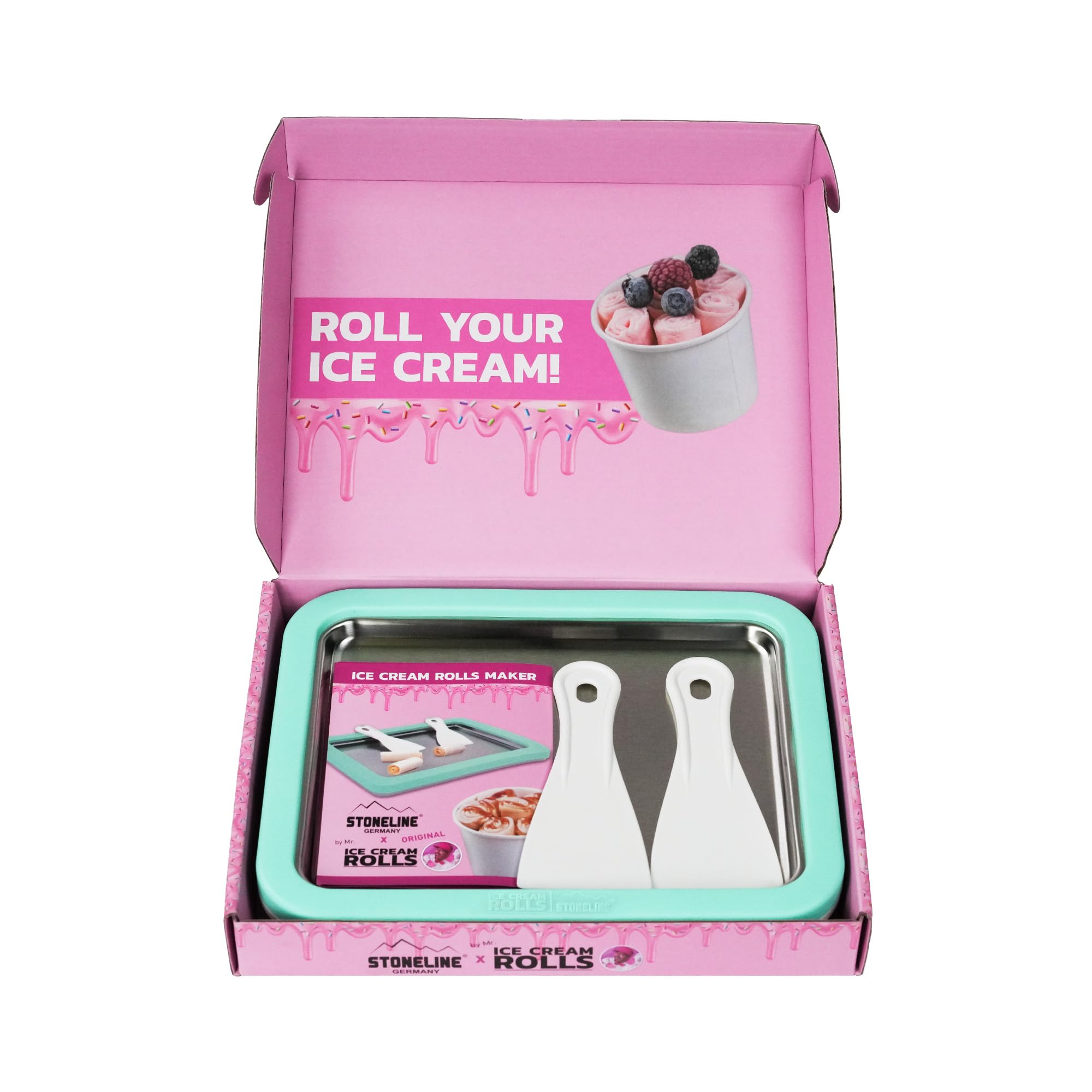 STONELINE by Mr. Ice Cream Rolls ORIGINALE Piastra di Gelato Istantaneo 26x21x3,5 cm con 2 Spatole, Macchina per Gelato Arrotolato
