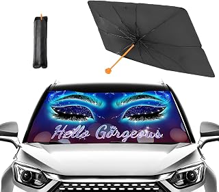 CHILL·TEK Blue Eyelash Car Windshield Sun Shade Umbrella, Hello Gorgeous Car Foldable Umbrella Sunshade for Front Window UV Reflector Umbrella Sun Protection Auto Windshield Umbrella Sun Shades Cover