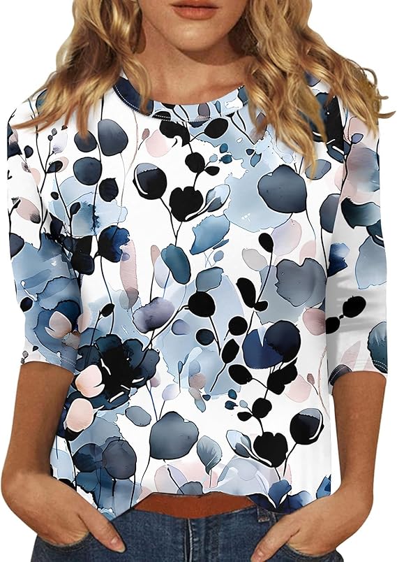 HTHLVMD Womens 3/4 Length Sleeve Tops 2025 Fall Fashion Floral Print Crewneck Causal Trendy Tunic Tops for Women