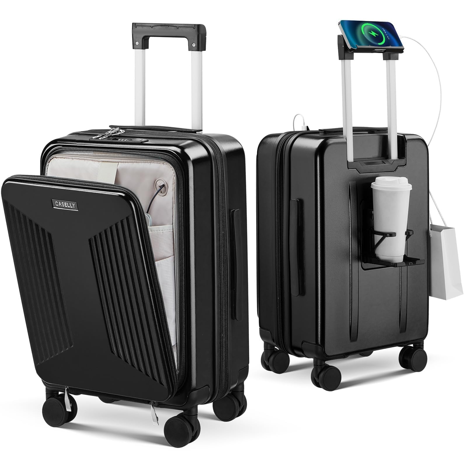 Equipaje de mano con ruedas giratorias y cerradura TSA integrada, maleta rígida de carga superior expandible, maleta de gran capacidad, equipaje rodante duradero con puerto USB BH013, Negro