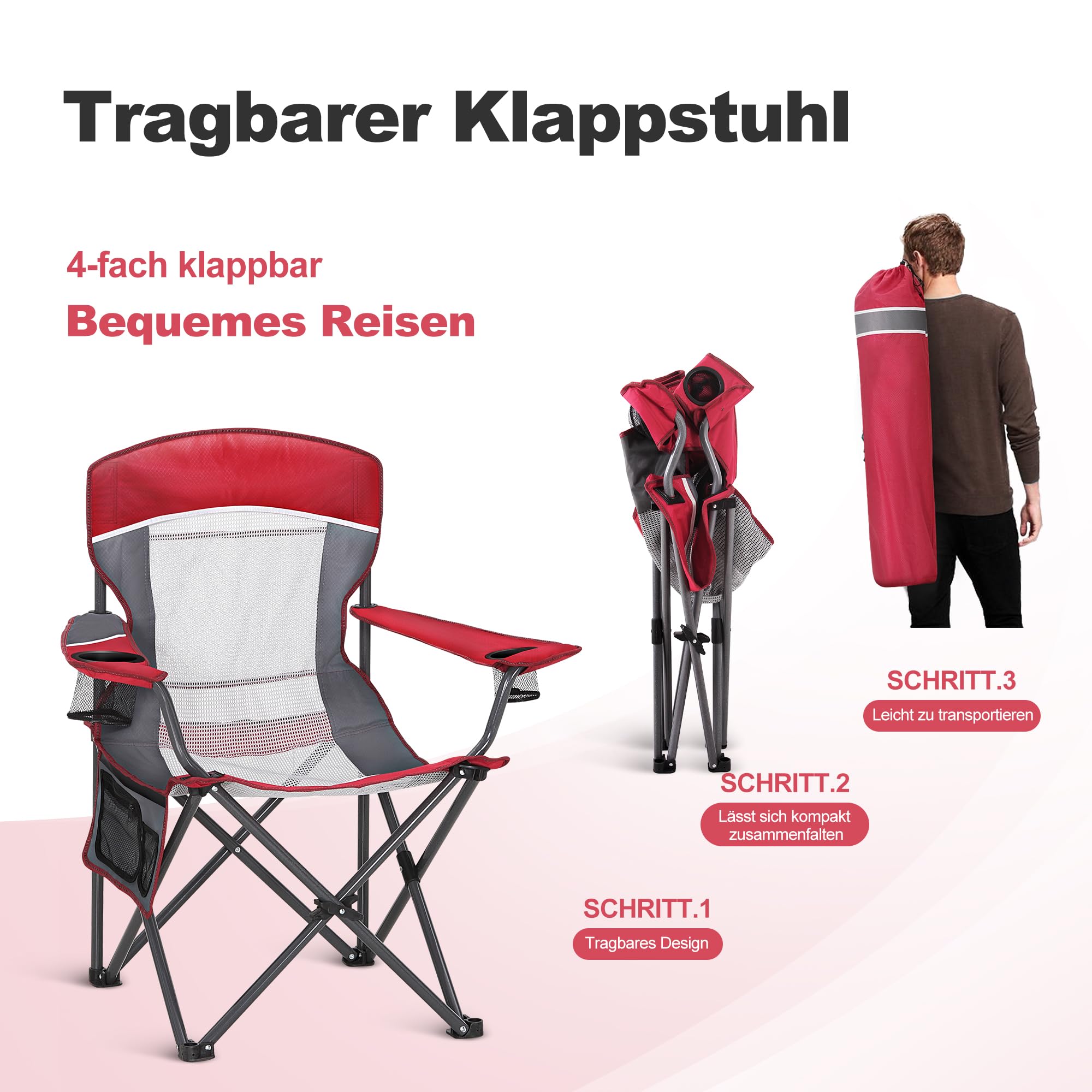 LET'S CAMP Chaise de camping portable pliable en maille avec porte-gobelet, sac de transport pour le camping, la pêche, la randonnée jusqu'à 150 kg