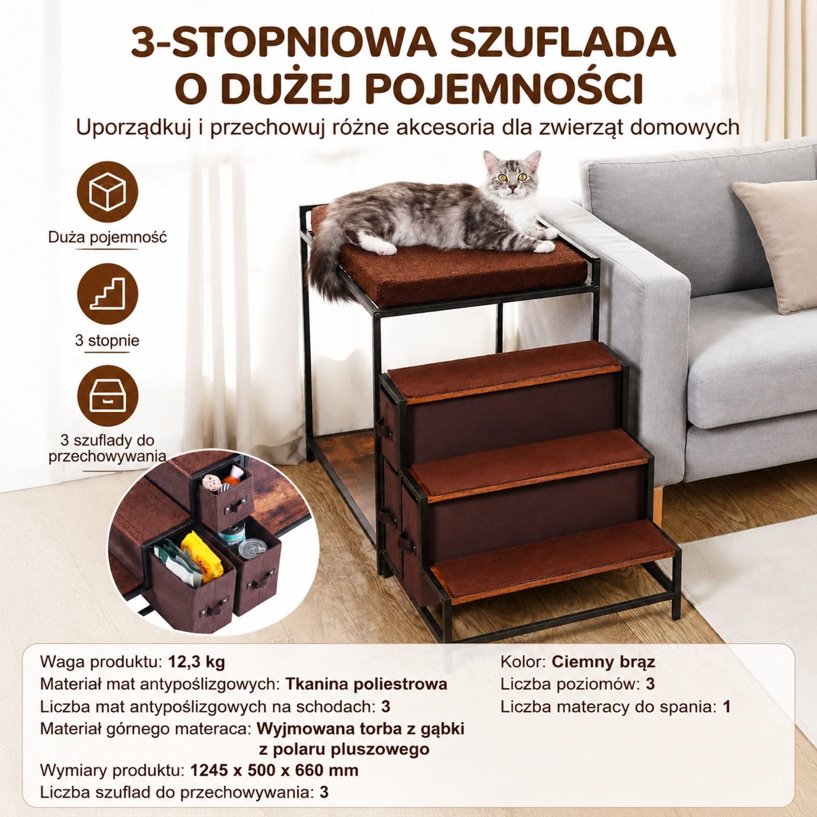 Łóżko piętrowe dla zwierząt ze schodami, siedzisko przy oknie dla psów/kotów ze schowkiem, łóżko wielopoziomowe, sofa dla psa, platforma do siedzenia dla zwierząt średnich, 1245 x 500 x 660 mm