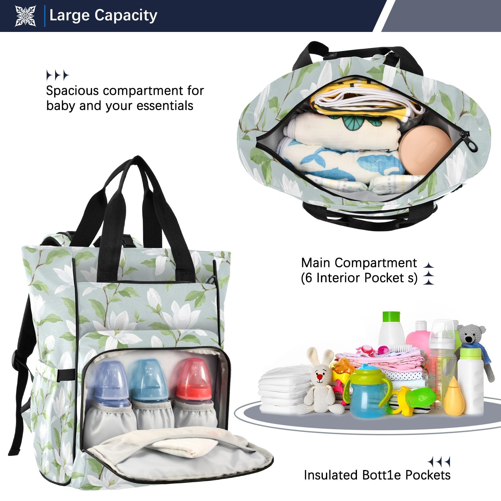 Mnsruu Borsa per pannolini da viaggio impermeabile, con motivo Gardenia, per mamme e papà, colore: bianco