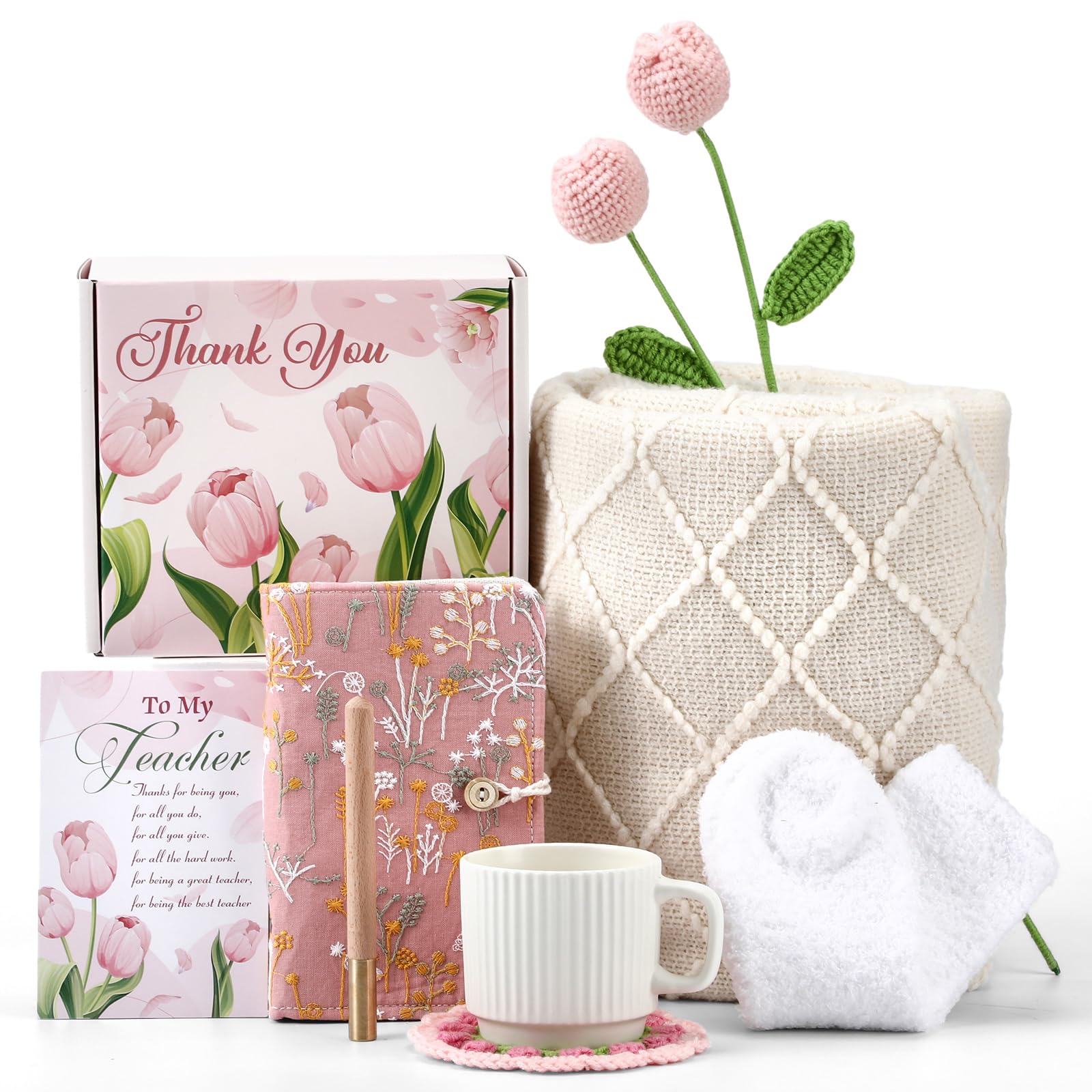 Cadeau enseignant fin d'année : coffret tulipe avec plaid, carnet et chaussettes douces