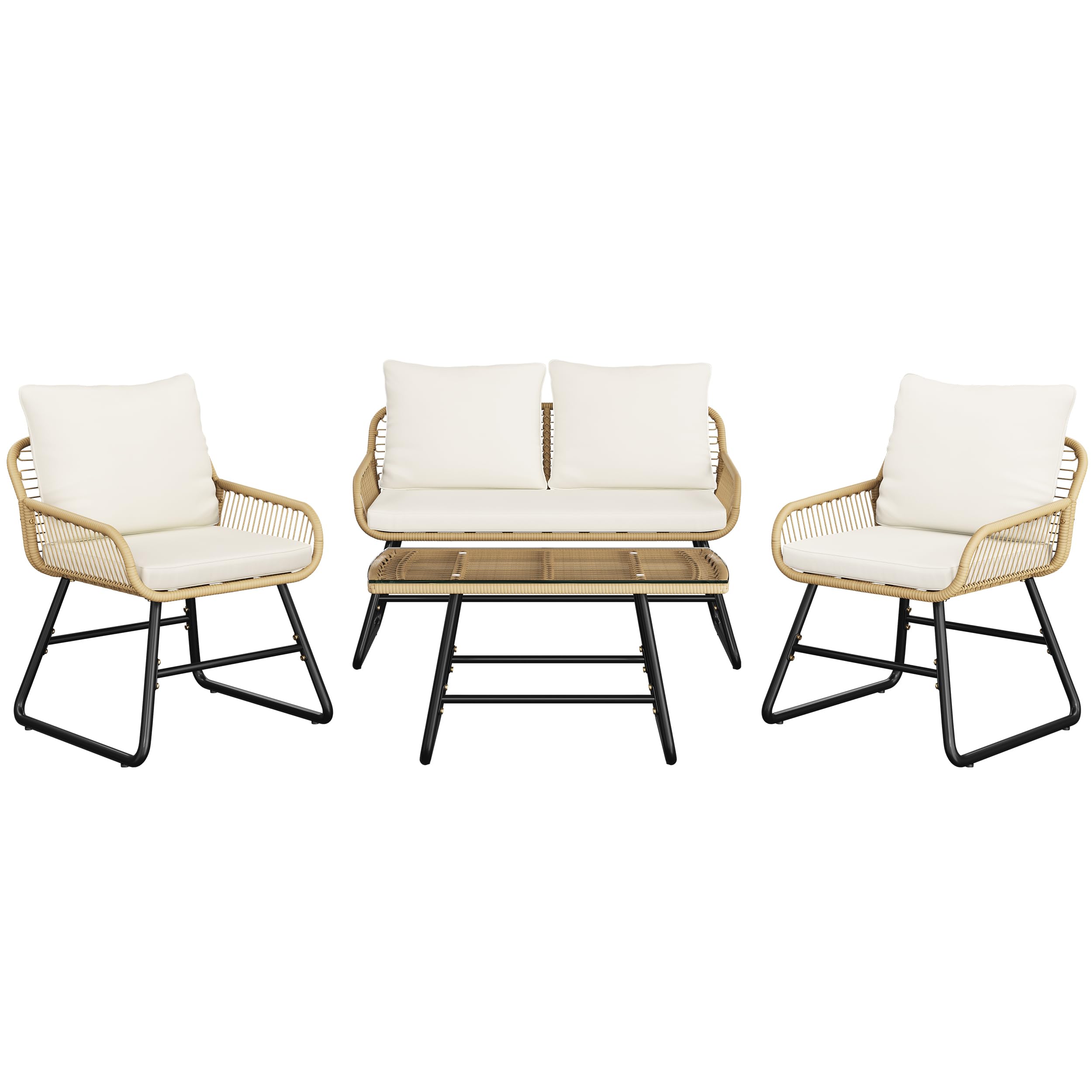 Yaheetech Polyrattan Gartenmöbel Set 4-teilig, Balkonmöbel Lounge-Set inkl.2-Sitzer 2 Sessel Tisch, Wetterfest Terrassenmöbel Sitzgruppe mit Kissen für Balkon Garten, Hellbraun & Cremeweiß