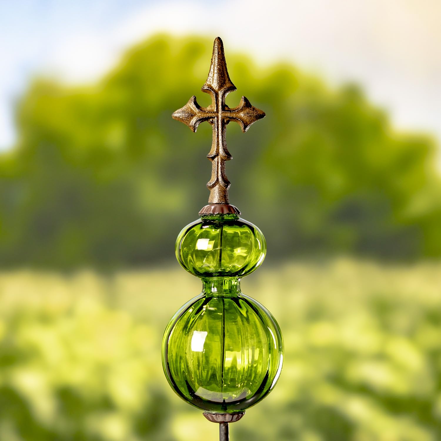 Zaer Ltd. Colored Blown Glass Garden Stake with Cast Iron Finial on Top (Pack of 2) (Pastel Green)