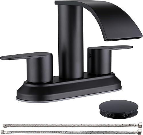 Miniatura 1 de Grifo central de baño de 4 pulgadas, color negro mate, grifo de lavabo de 2 manijas con tapón de drenaje emergente, grifo de fregadero de baño de