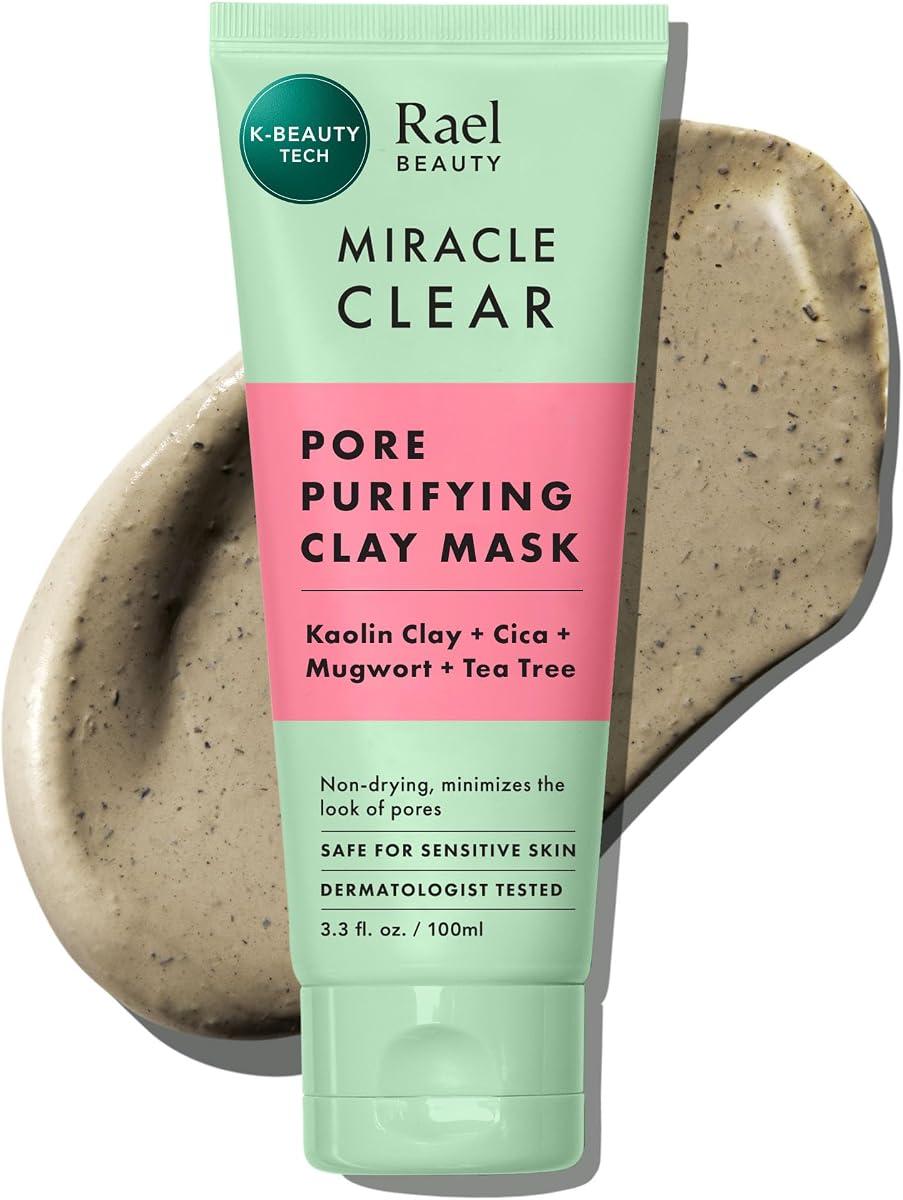 Rael Miracle Clear Clay Mask, Gentle Face Wash Off for Pore Care (3.4 oz) | Deep Pore Cleanser with Tea Tree & Gentle Exfoliation for Pore Care, Facial Mask, Korean Skin, for Sensitive & Oily Skin