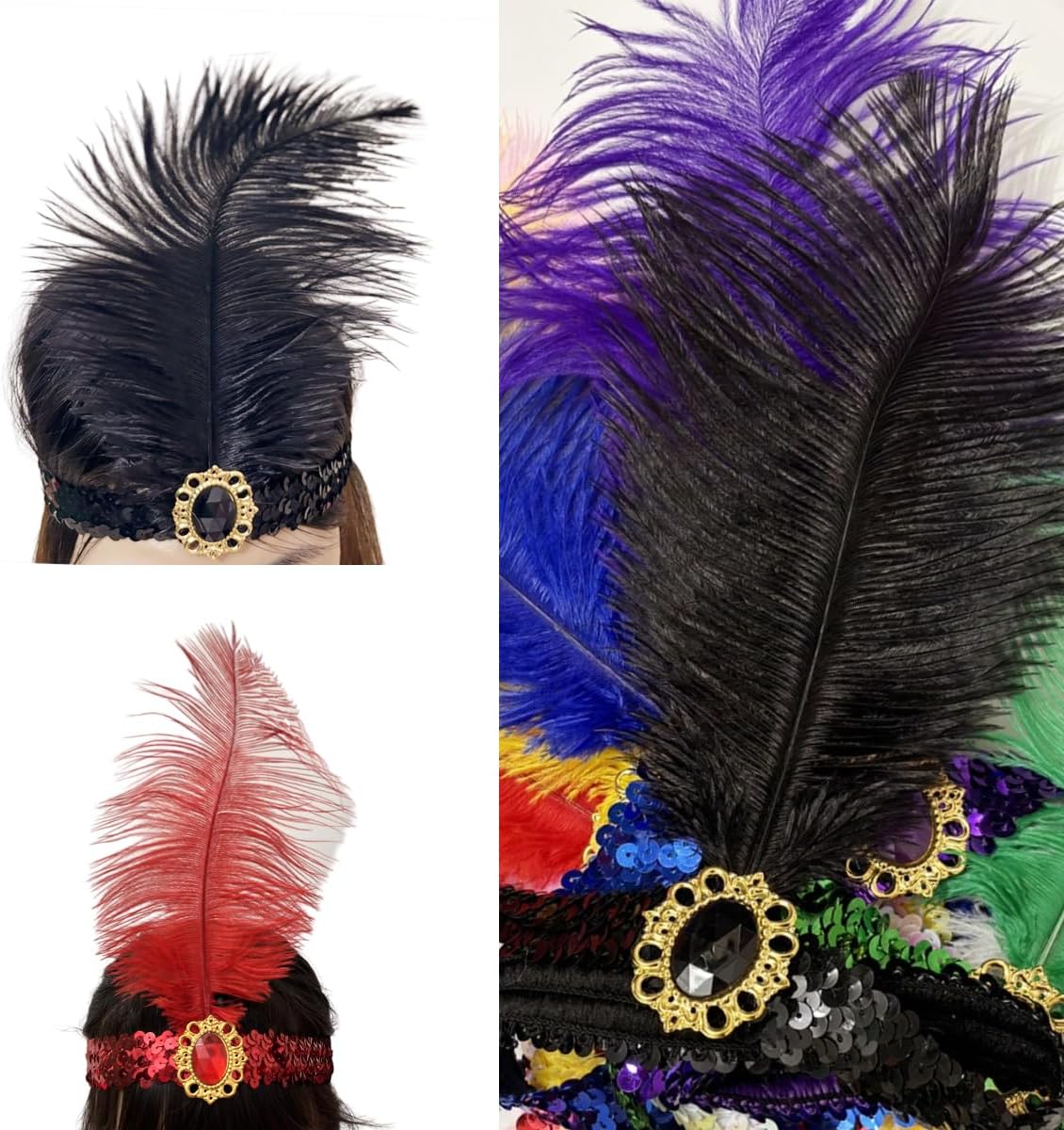 2 Pieces Feather Headpiece,Sequins 1920s Flapper Headband,Mardi Gras Carnival Party Headwear Accessory Women - Image 6