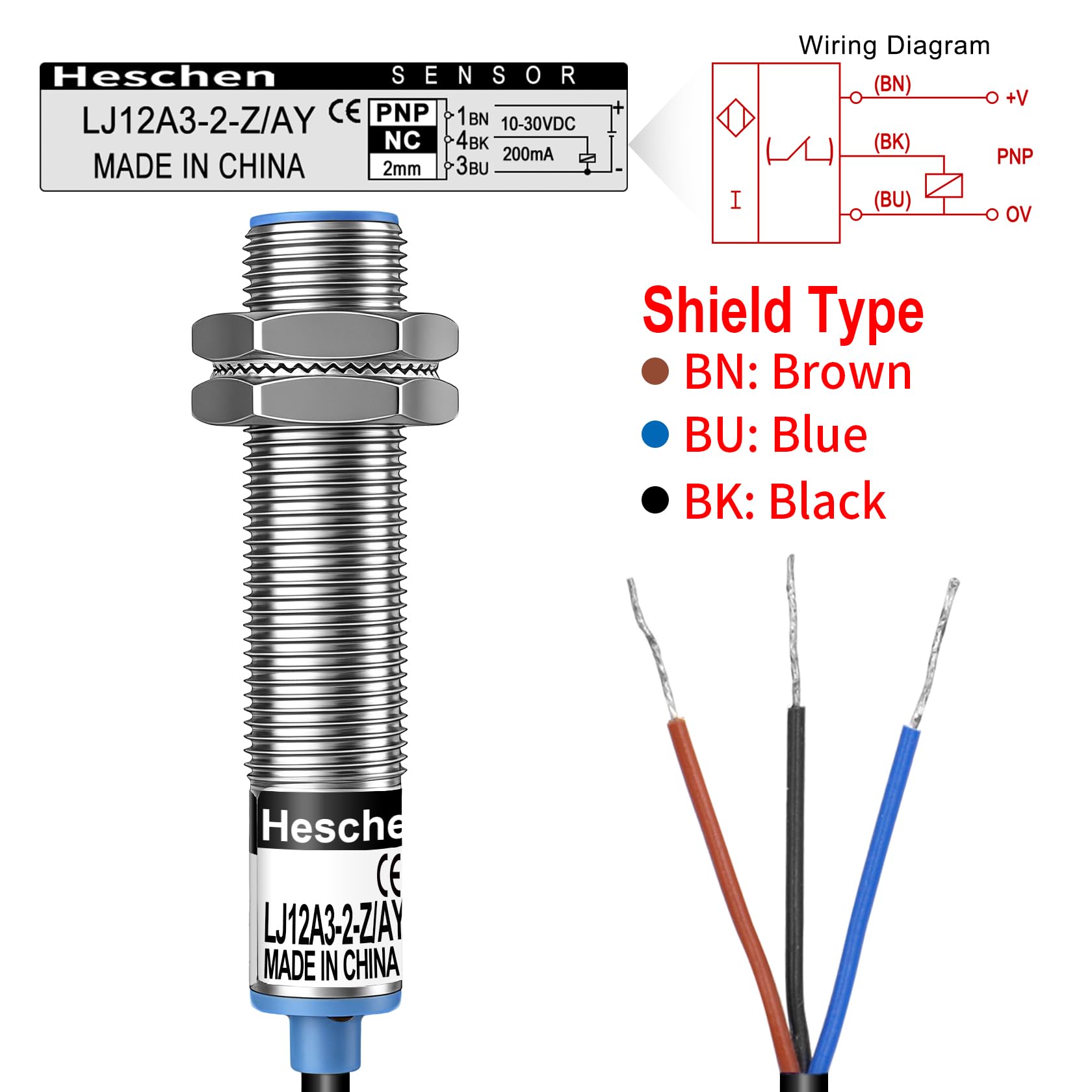 Heschen M12 Détecteur de proximité inductif, Type blindé, LJ12A3-2-Z/AY, Détecteur 2mm, 10-30VDC 200mA, PNP Normalement fermé (NC), 3 fils