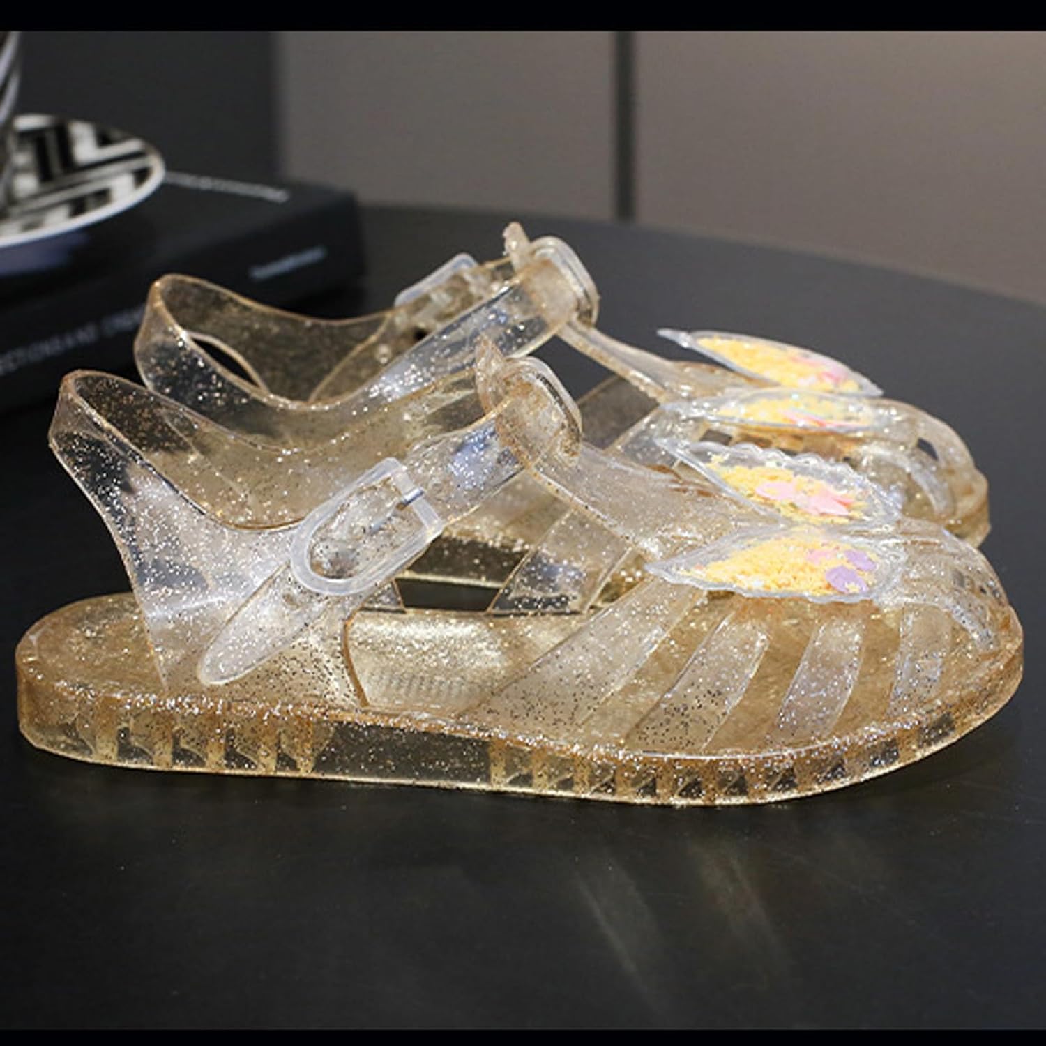 Girl Jelly Sandals Kids Sequin Butterfly Princess Shoes Cute Closed Toe Summer Beach Flat Sandal with Ankle Strap