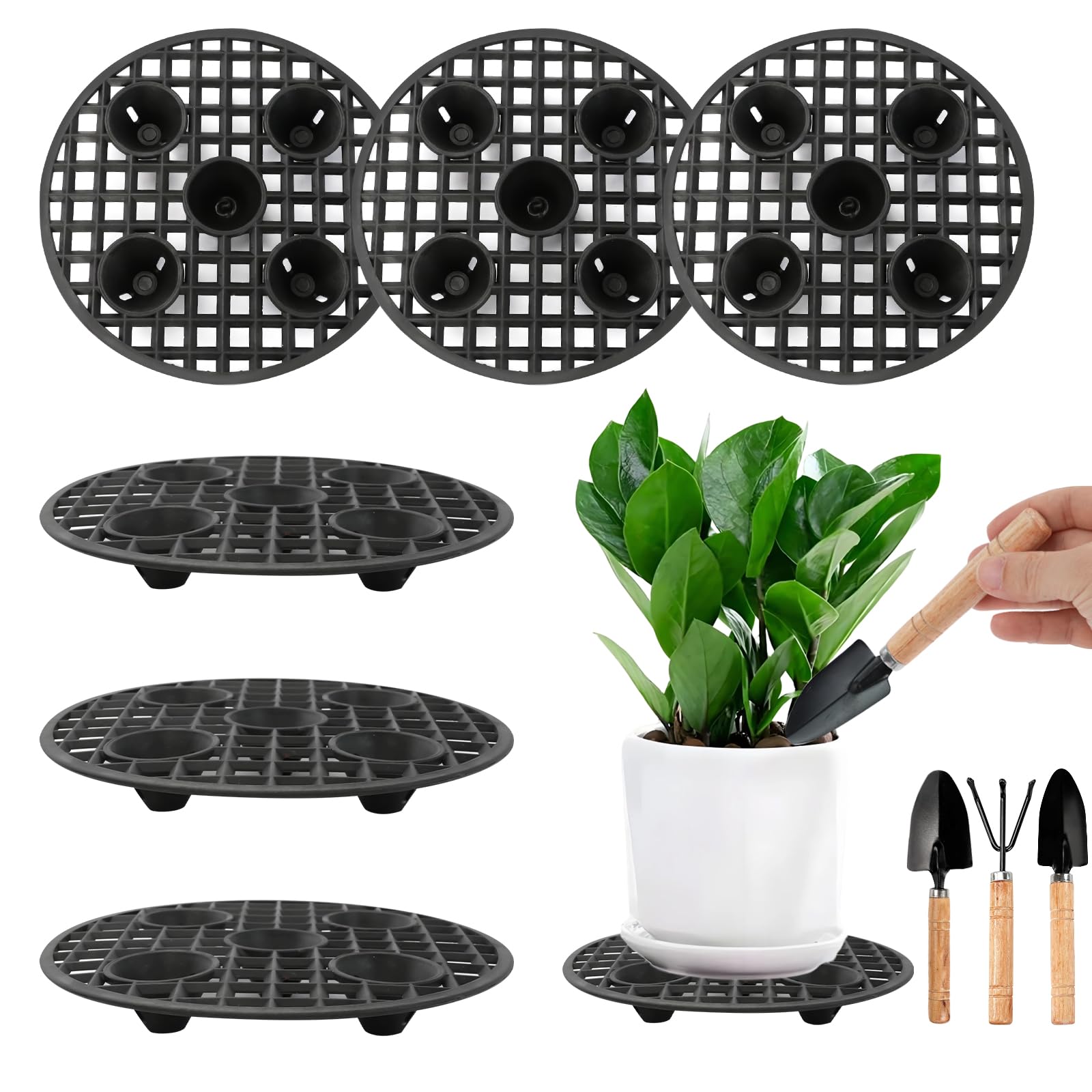 WRENYZK 6 Pcs Plant Level Pot Elevator, 20cm Heavy Duty Plant Stand, Black Round Plant Flower Pot Holder, Plastic Supports Pot Feet with Mini Garden Tools for Indoor Outdoor Deck Floor Protector