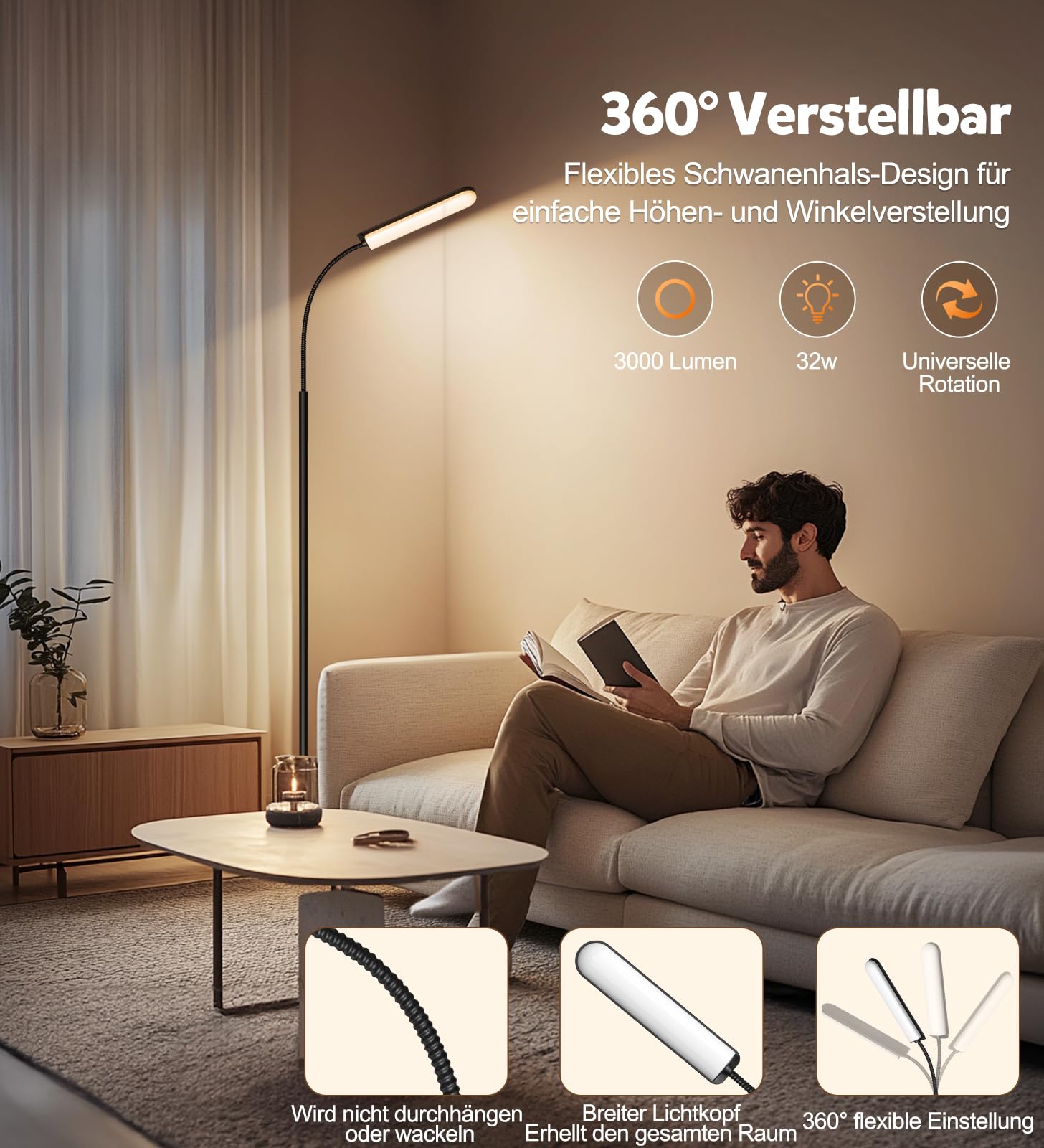 LED Stehlampe Dimmbar 18W 1650LM Schwarz,Standleuchte Wohnzimmer mit 360° Schwanenhals & Unendlich Dimmer (3000K-6500K),Leselampe Fernbedienung (Retro)