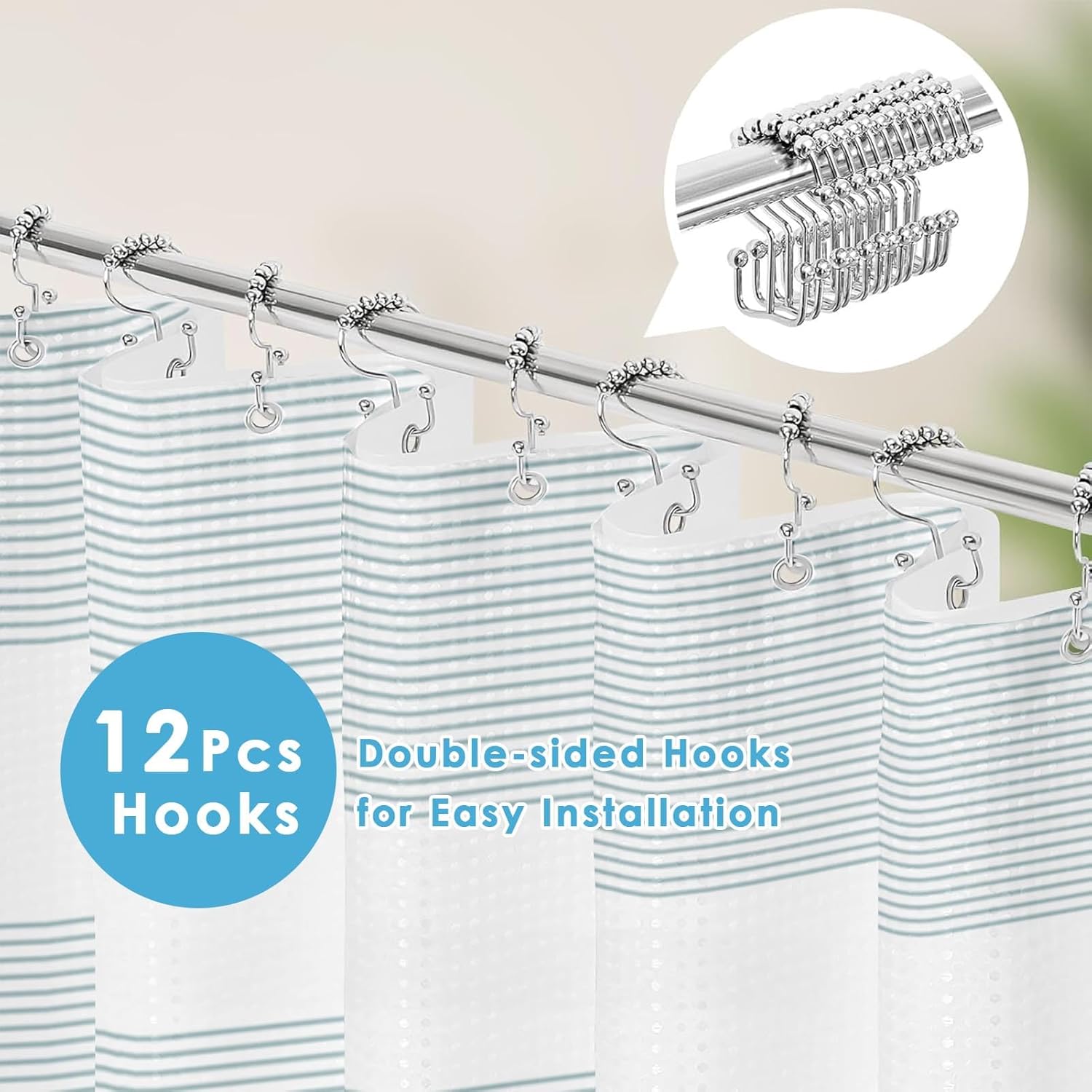 Shower Curtain and Liner, Teal Striped 3 in 1 Shower Curtain and PEVA Liner Set with 12 Rust-Resistant Metal Hooks, Waterproof Fabric Shower Curtains for Bathroom, 72 W x 72 H