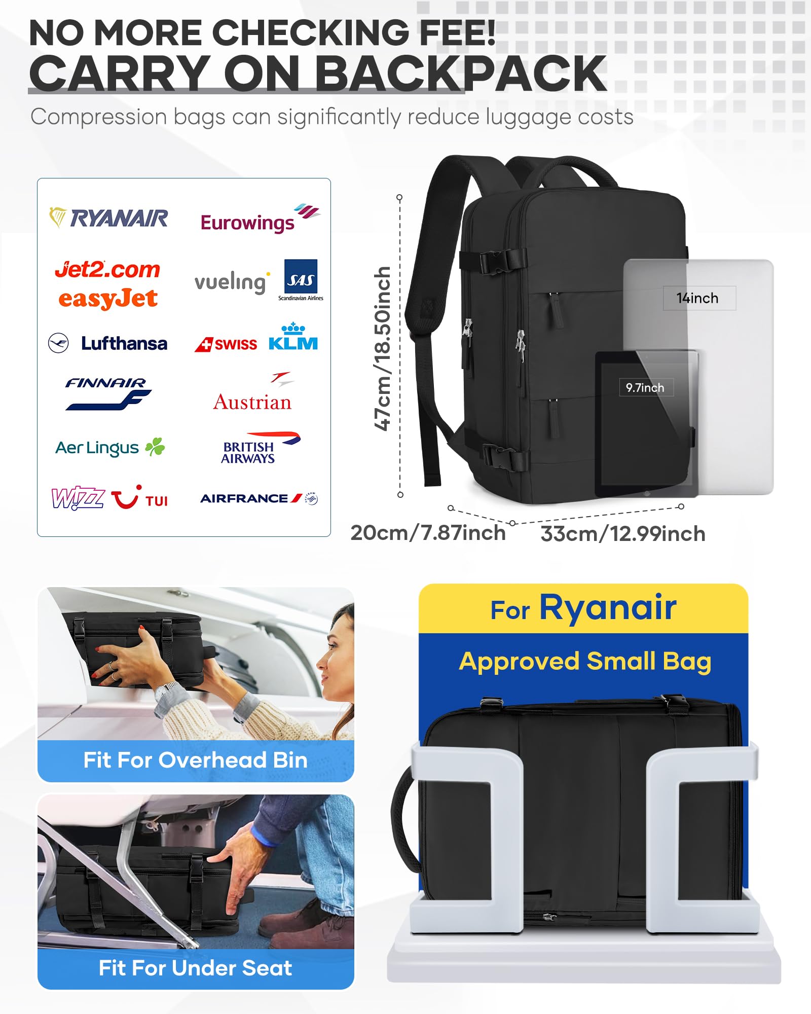 SZSYCN Zaino da Viaggio con Sottovuoto Ryanair 40x30x20 Wizzair Borse da Cabina per Ryanair 40x20x25 Bagaglio a Mano Sottovuoto con pompa,Zaino Casual per Laptop