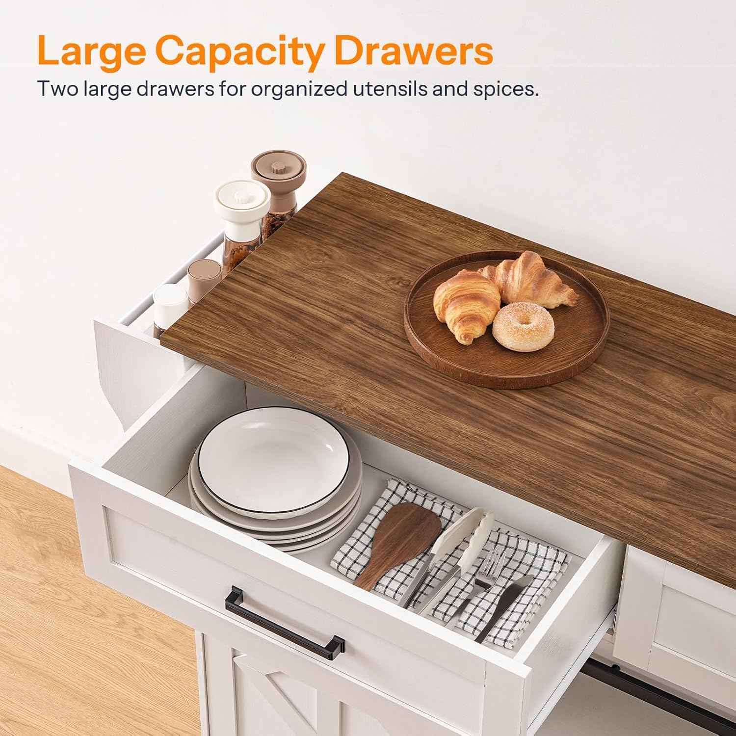 HOOBRO Kitchen Island with Power Outlet, Rolling Kitchen Island with Sliding Barn Doors, Island Table with 2 Drawers, Towel Rack and Spice Rack, for Home and Dining Room, White and Walnut WH28UZD01