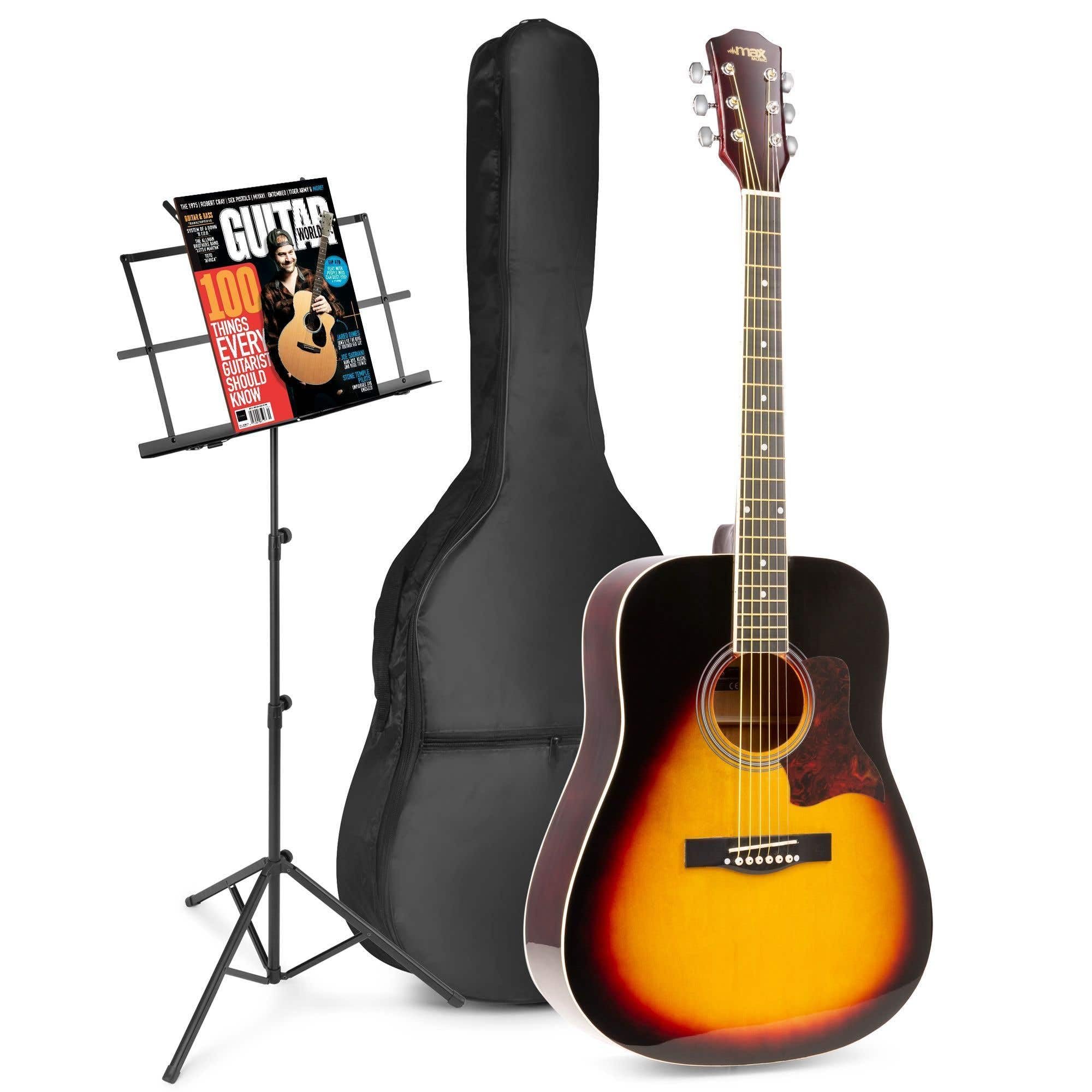 MAX SoloJam Westerngitarre, Akustik Gitarre Set, Acoustic Guitar, Akustikgitarre 4/4 mit Tasche, Notenständer, Plektrum, Stimmgerät, Schultergurt und Stahlsaiten, Anfängergitarre in Sunburst