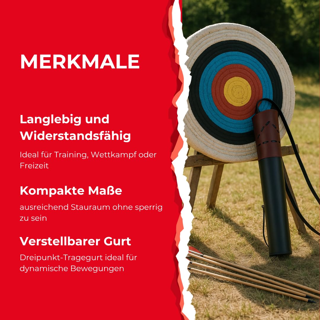 elToro Rückenköcher aus schwarzem Echtleder mit Musterstickung | verstellbarem Dreipunkt-Tragegurt, 50 cm lang, Öffnung 14 cm, Köcher für Pfeile, Bogenschießen, Recurve- und Langbogen