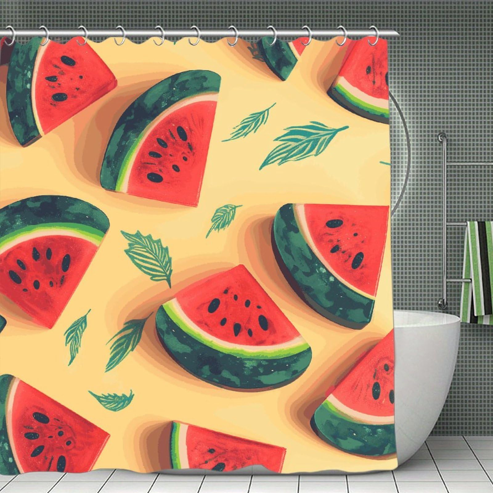 FekiLoot Summer Watermelon Shower Curtain with Hooks Modern Farmhouse Bathroom Curtain Waterproof Cloth Bath Curtains Cute Washable Blackout Privacy Curtains for Bathroom Bathtub 70.8"x70.8"