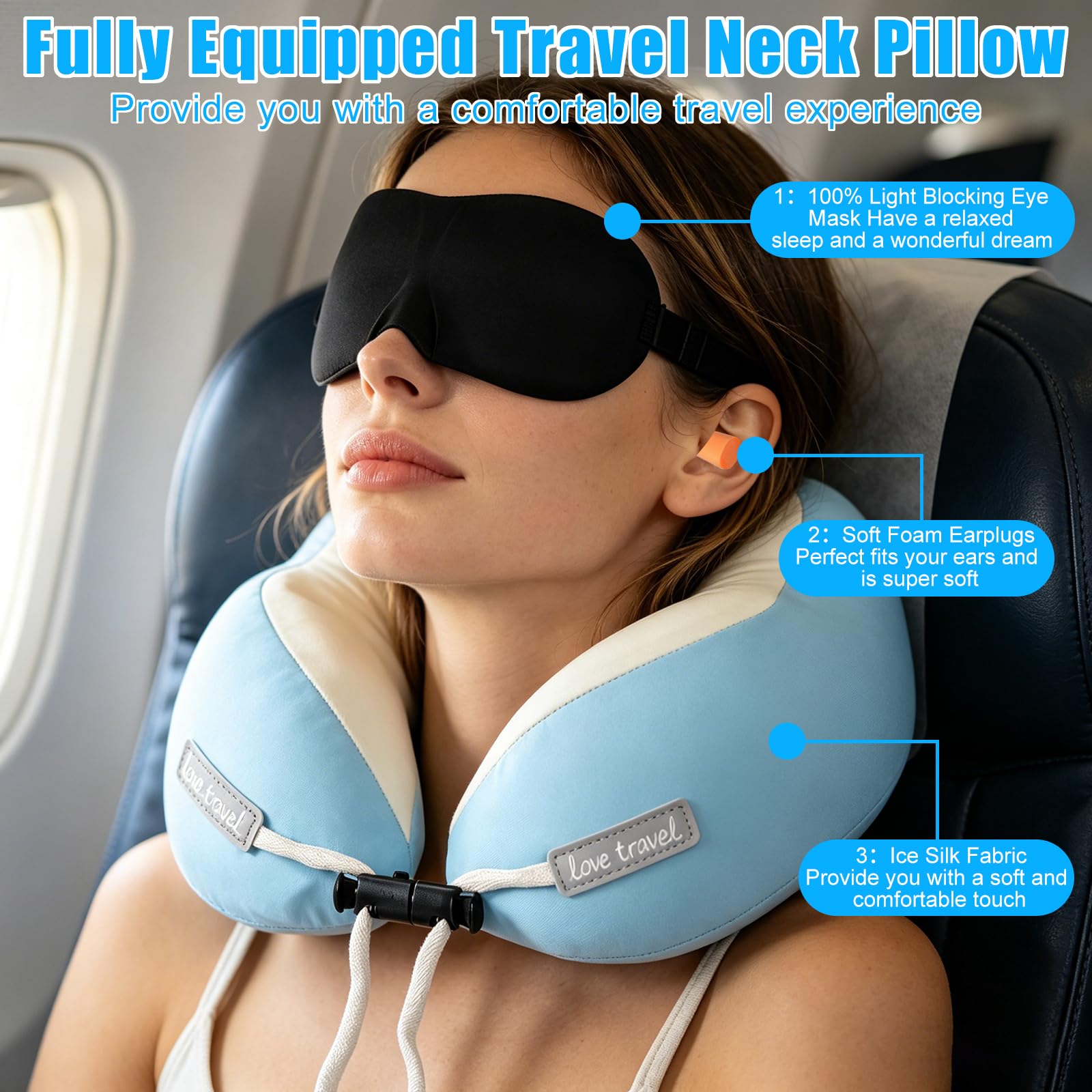 Cuscino da Viaggio Aereo, Cuscino Cervicale Memory Foam Ergonomico a Forma di U con Federa in Ice-Seta, Ideale per Auto Treno Ufficio, Incluso Maschera per Dormire e Tappi per le Orecchie