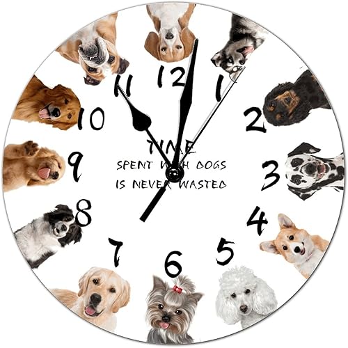 Reloj de pared redondo de madera con números arábigos de 15 x 15 pulgadas, con citas de perros y mascotas, funciona con pilas, silencioso, sin