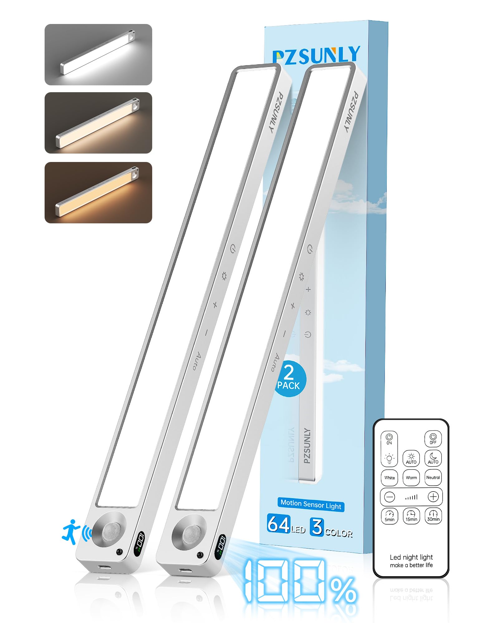 Led Sottopensile Cucina - 2200 mAh Luce Sottopensile Cucina Led con Sensore di Movimento e Telecomando, Display della Batteria, Lampada Notturna per Armadio, Camere da Letto (2 pcs,argento)