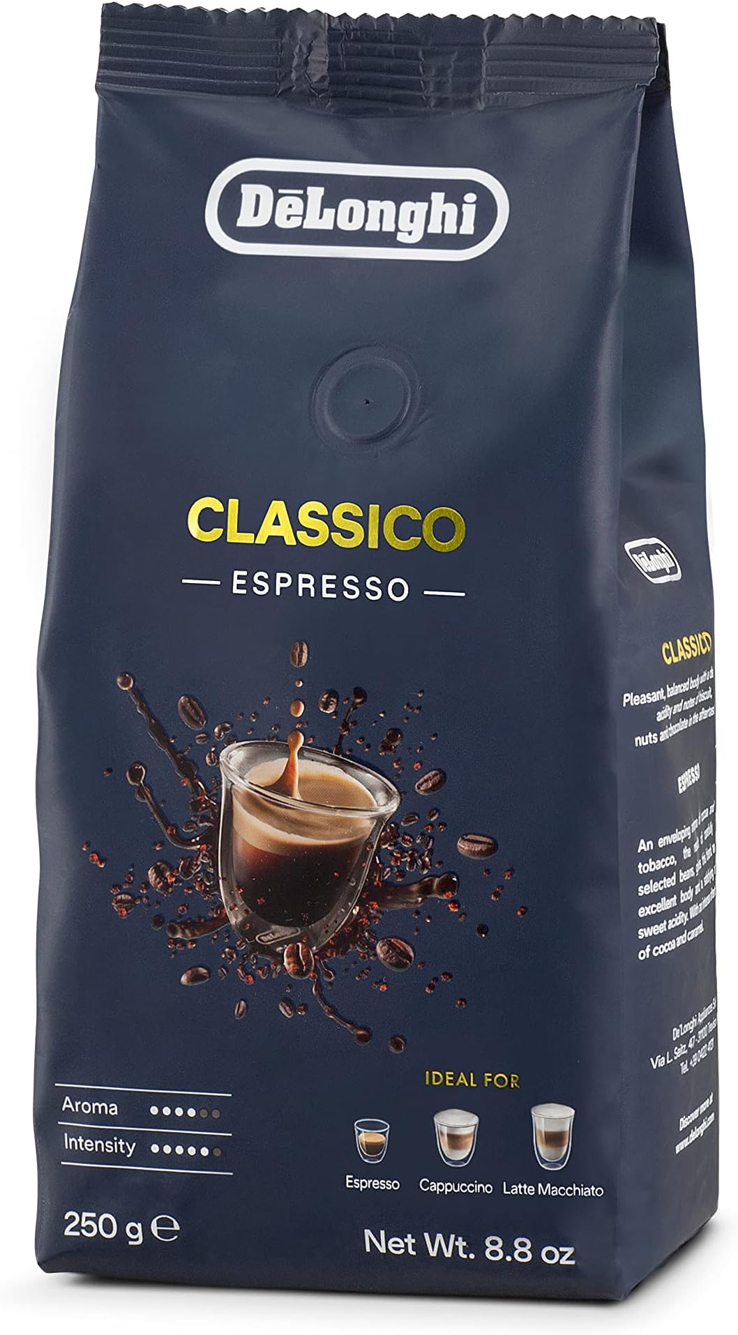 De'Longhi Classico Espresso Coffee Beans 250g - Medium Roast, 50% Arabica & Robusta, Intense Aroma of Cocoa, Notes of Biscuit, Nuts & Chocolate, Ideal for Espresso, Cappuccino, 1-Year Warranty DLSC600