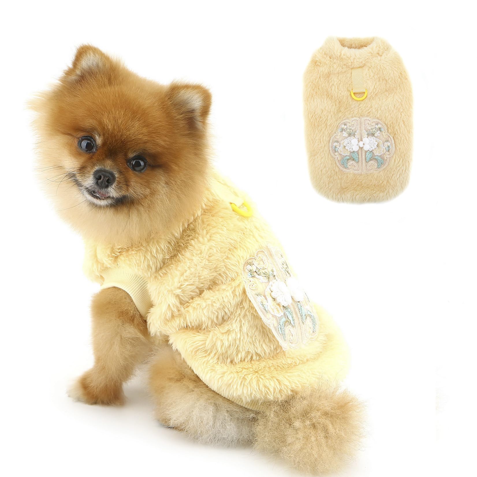 PAIDEFUL Fleece Small Dog Coat with Lead Ring, Soft Thermal Puppy Jumper with Embroidered Pattern, Chinese New Year Warm Pullover for Winter, Pet Clothing for Chihuahua Cat,Yellow,M