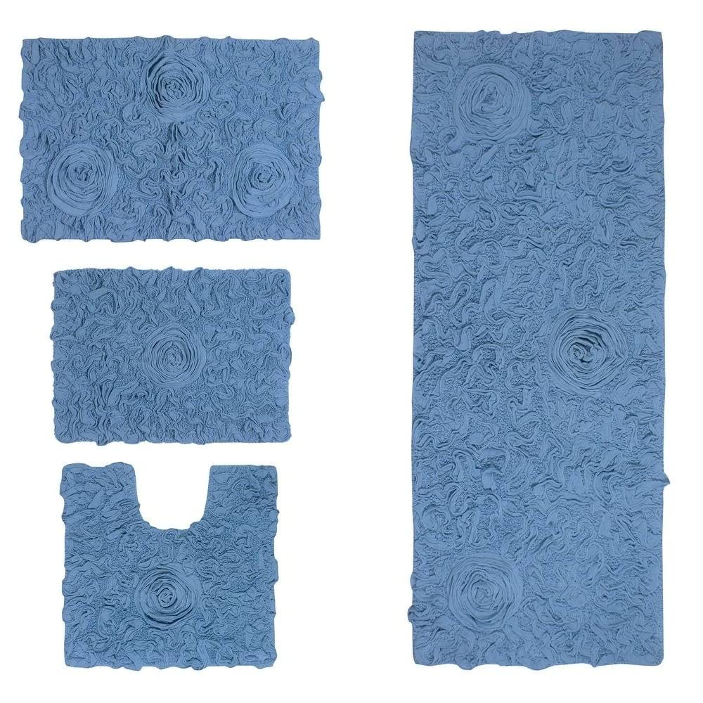 Functional Durable Sky Blue Cotton Bathroom Rugs Sets 4 Piece with Pretty Floral Tufted Pattern On Solid Background
