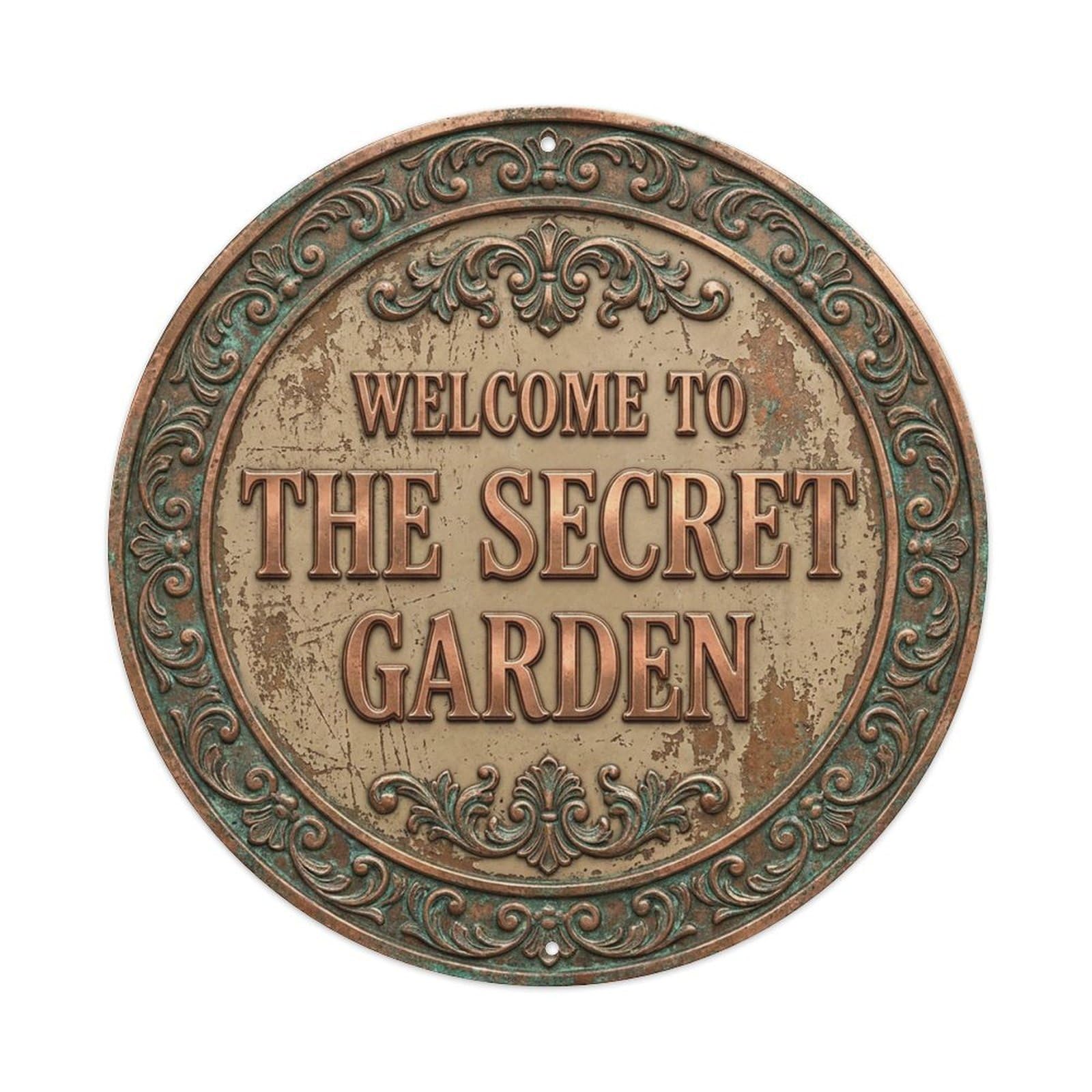 Vintage Welcome Secret Garden Copper Beige Worn Metal Tin Sign