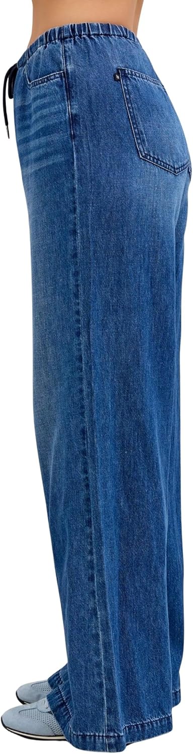Judy Blue Women's High Rise Featherweight Drawstring Waist Wide Leg Palazzo Jeans