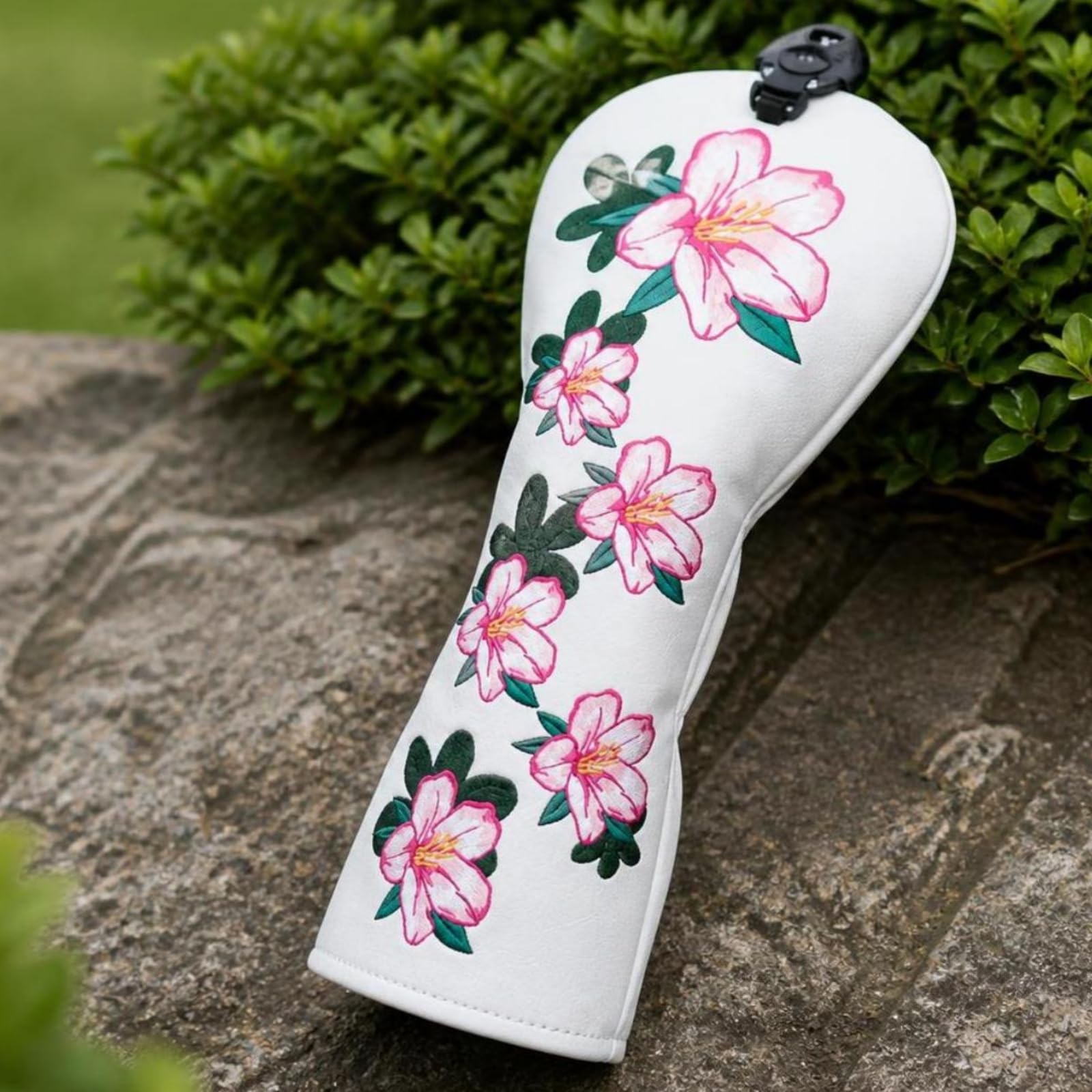 Schlägerhaube mit langem Hals, Weißes 3-Teiliges Schlägerkopfhauben-Set Mit Azaleenblüten-Stickerei Für Driver, Fairwayholz Und Hybridholz, 3-Teiliges Set – Driver-, Fairwayholz- Und Hybridh