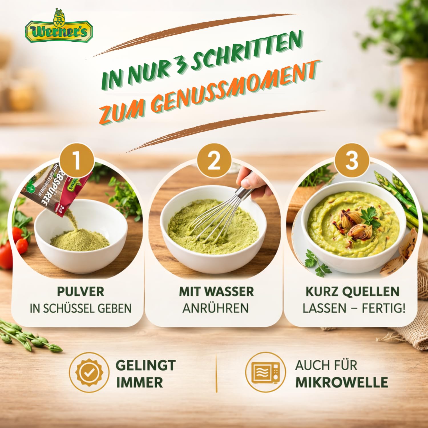Werner´s Erbspüree mit Röstzwiebeln, 2x3 Portionen, 8 Packungen pro Karton, Glutenfrei, laktosefrei, ohne Farbstoffe, ohne zugesetzte Aromen, Mikrowellengeeignet,