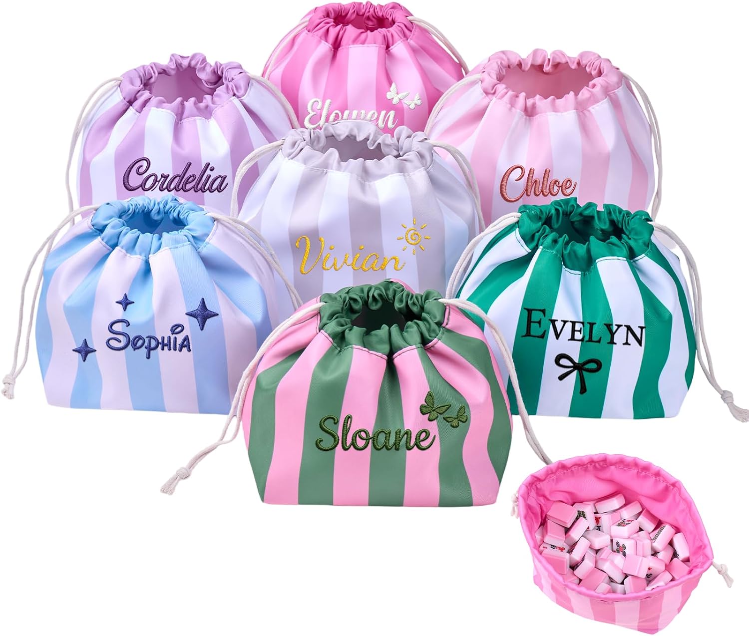 Personalized Mahjong Tile Pouch, Custom Striped Drawstring Makeup Bag