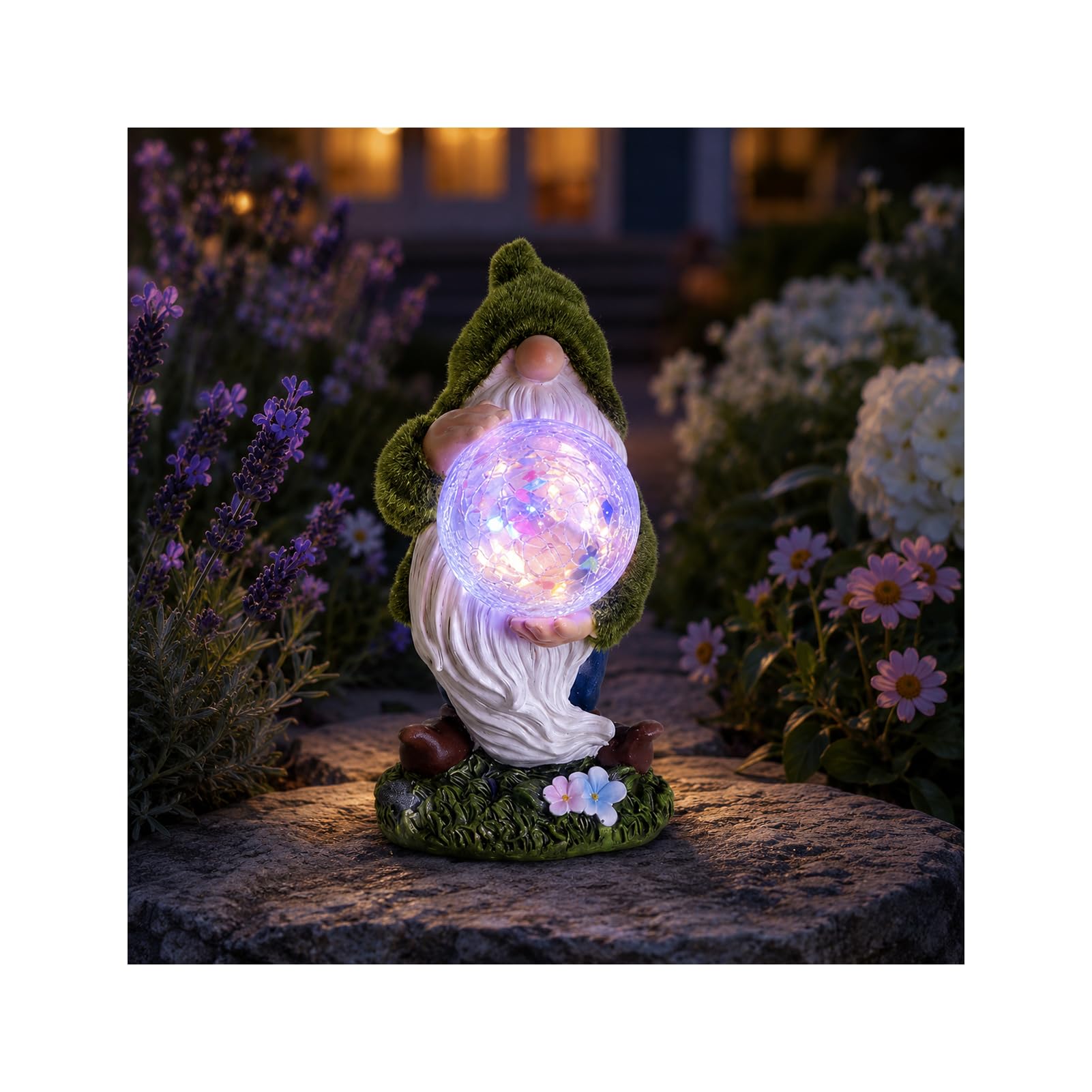 JJIW Garden Gnomes Ornaments, Resin Flocked Gnome Statue with Solar Lights